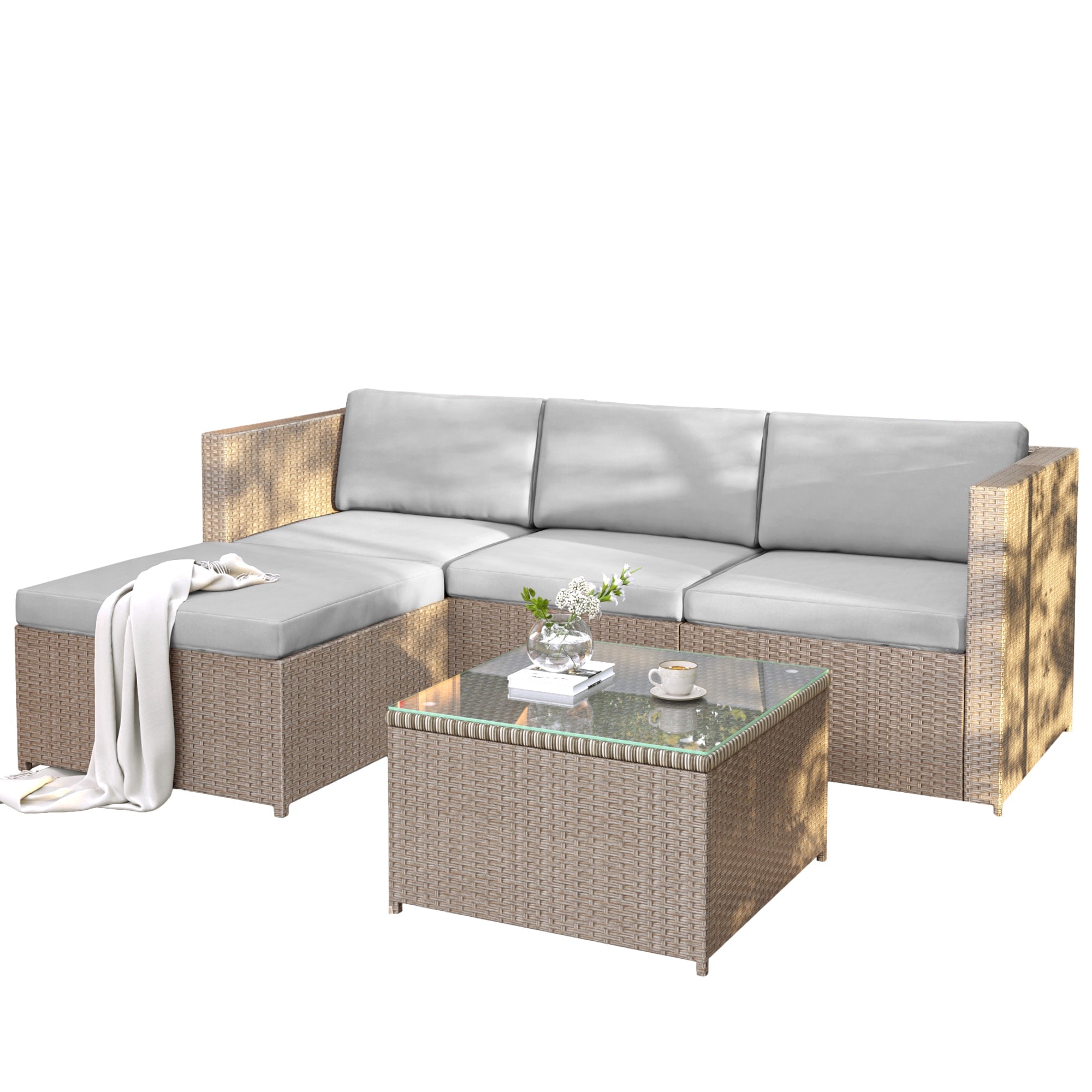 Polyrattan Lounge Sofa Set with Cushions and Glass Top Table, Khaki
