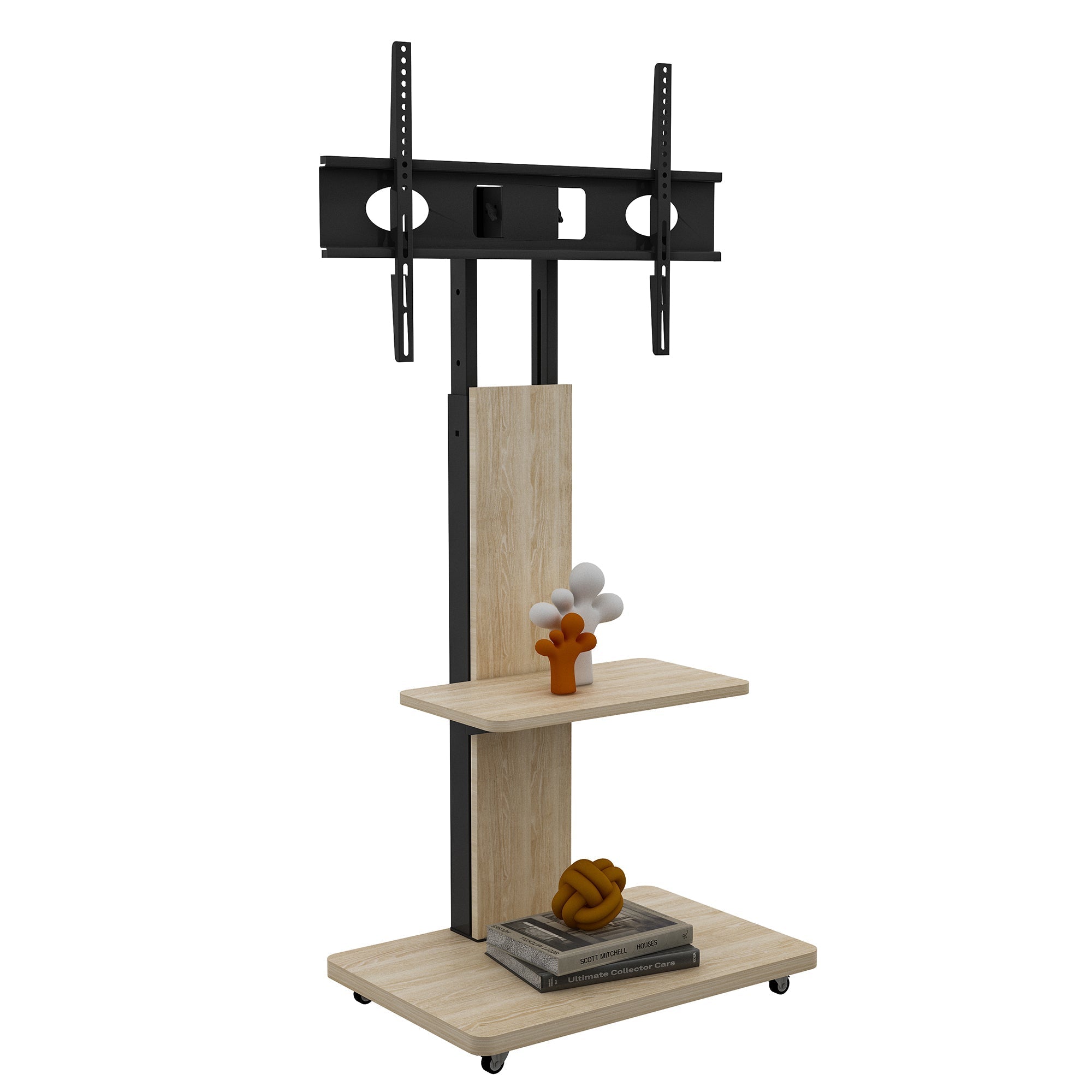 Mobile TV Stand Height-Adjustable Storage 32-75 Inch Lockable Wheels - Natural