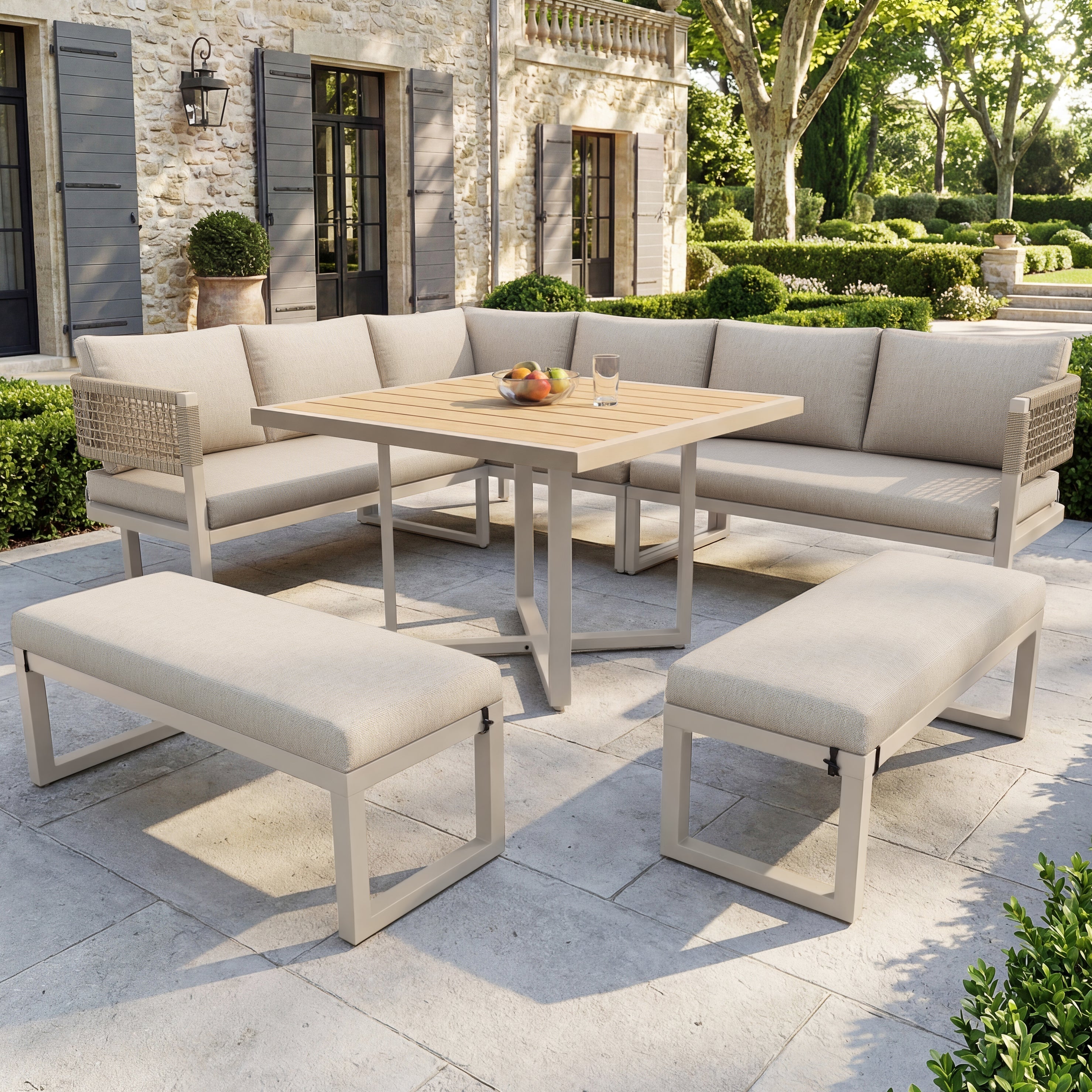 Garden Lounge Set for 8-10 People with Large Dining Table and Cushions, Plastic Wood and Ropework