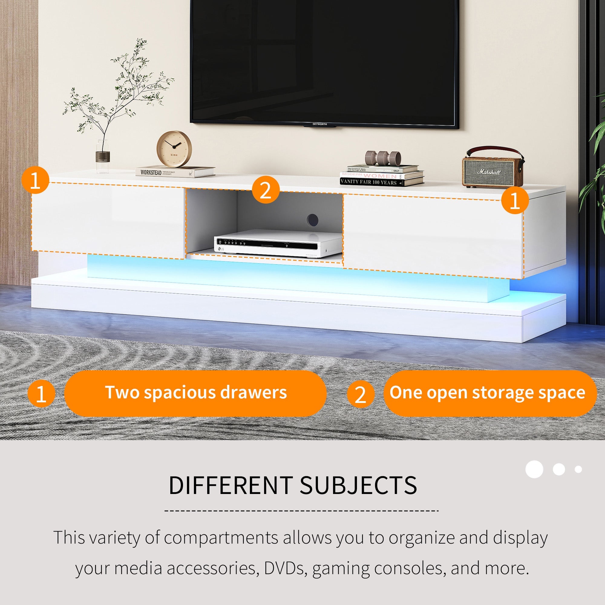 TV Cabinet with LED Lighting, 2-Drawer, Anti-Tip, for 60-inch TVs, White High-Gloss
