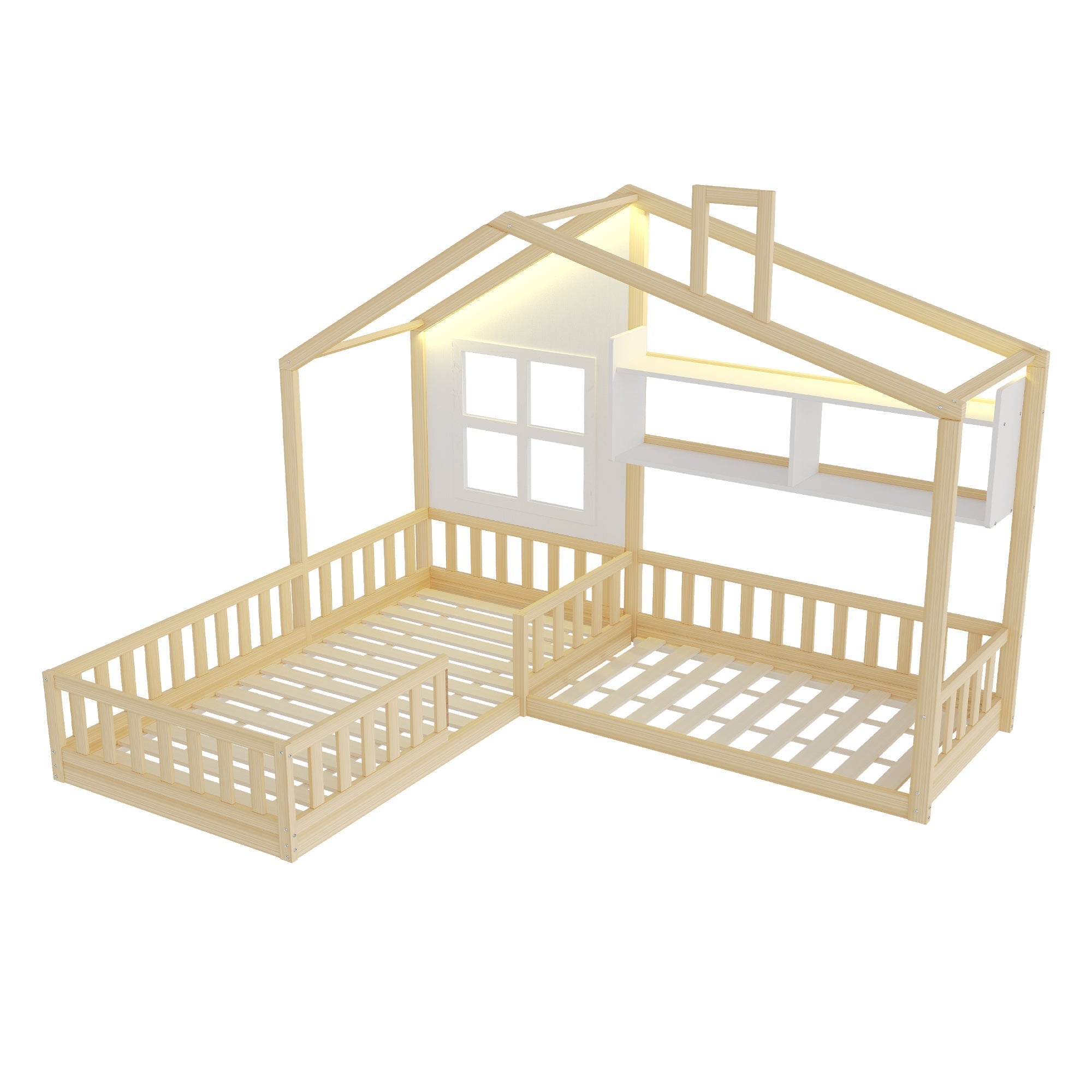 Children's Bed with Window, Shelves and LED Light Strip, Wood Color