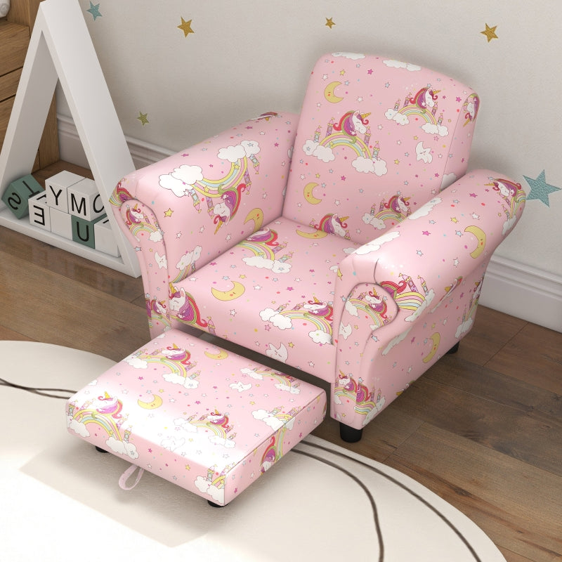 2 Piece Kids Sofa Set Unicorn Design Wooden Frame Pink