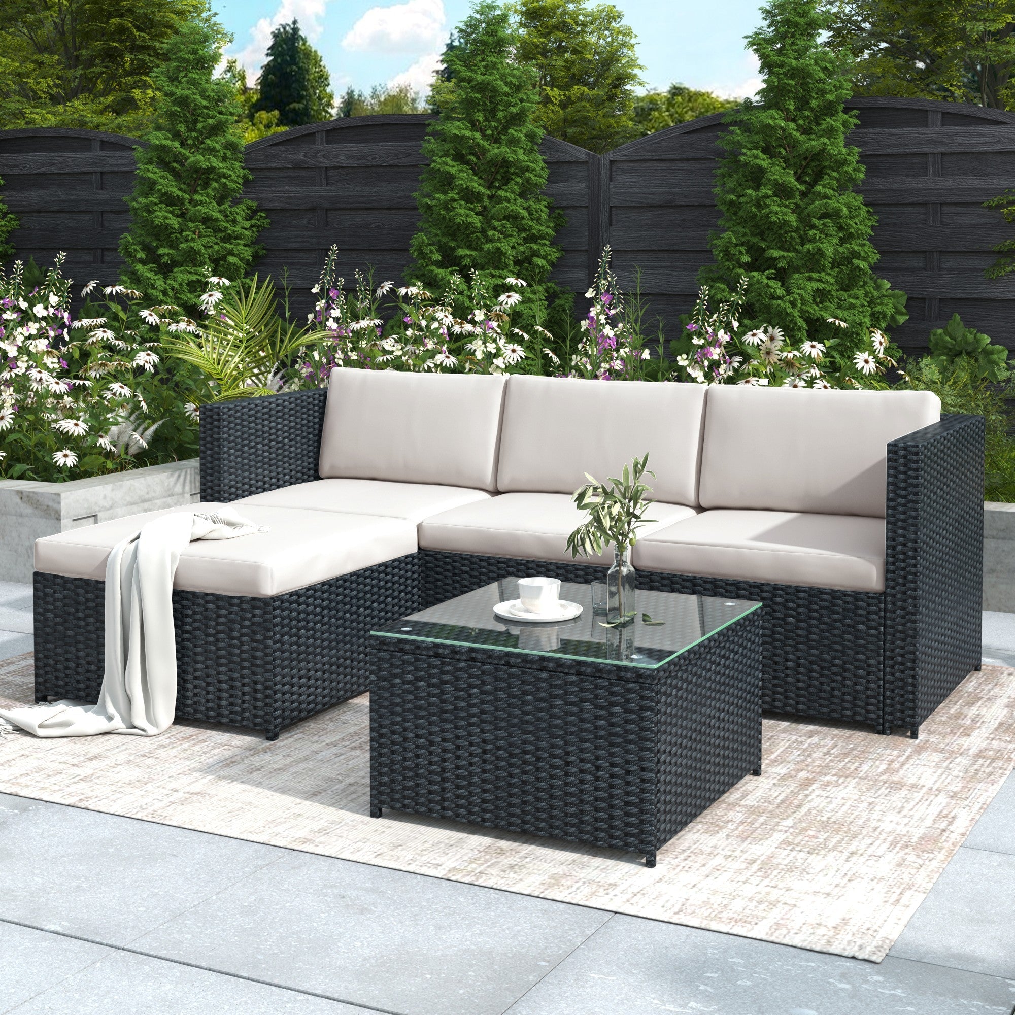 Garden Corner Sofa, Rattan Patio Lounge Set, Black