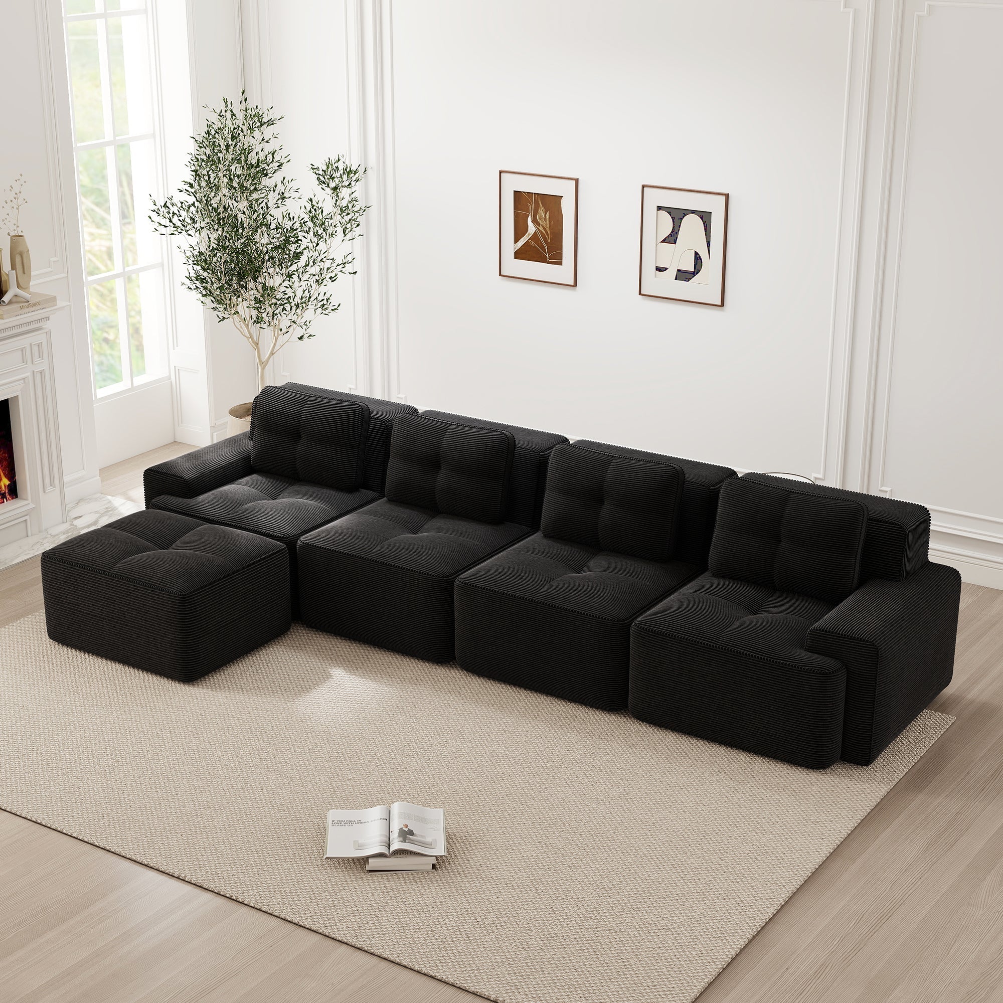 Boneless Modular Sofa L-Shaped Chaise 4-Seater Deep-Seat - Corduroy Black
