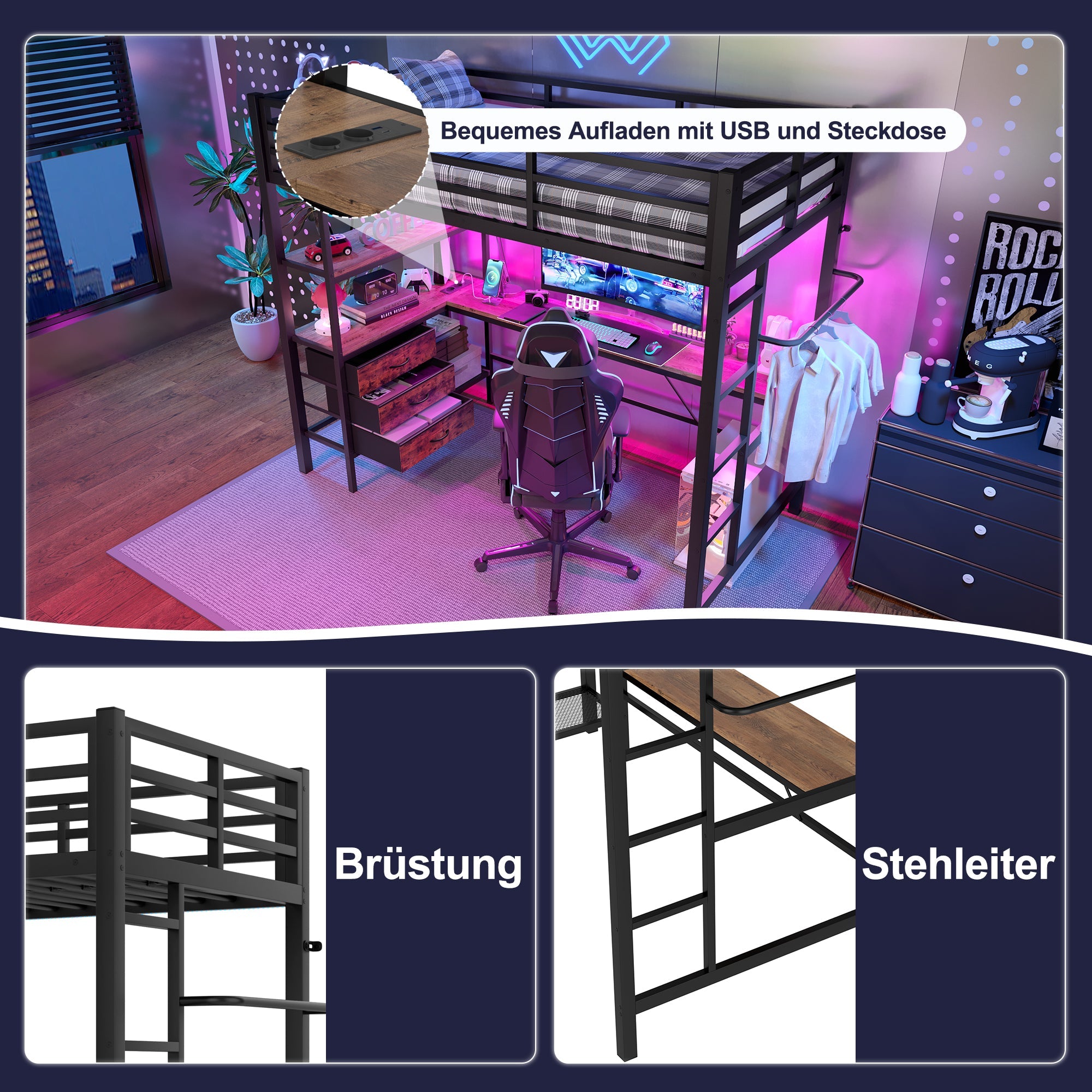Loft Bed 90x200cm LED Lights, Desk, USB Port, 3 Drawers, Black
