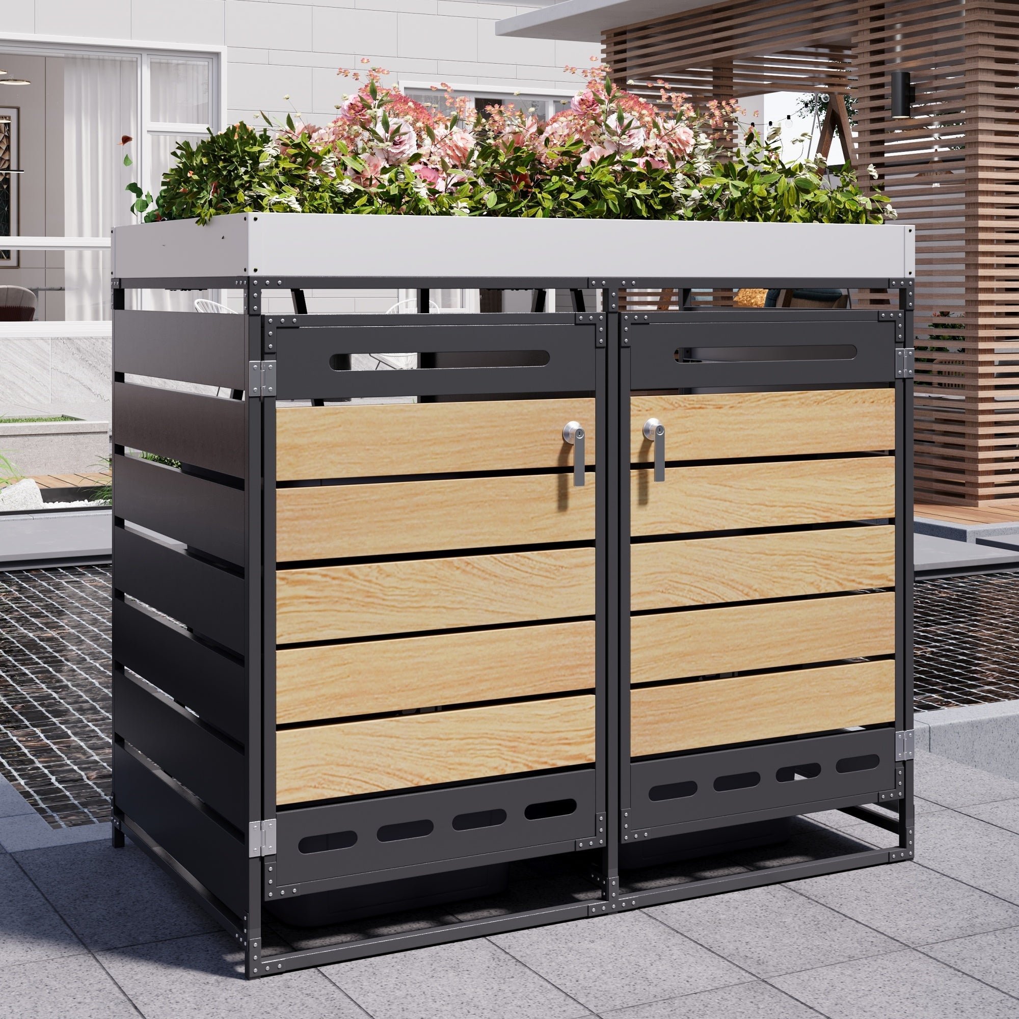 Garden Bin Storage with Planter Box, Slotted Ventilation and Lockable Door, Iron with Wood-Look Slats