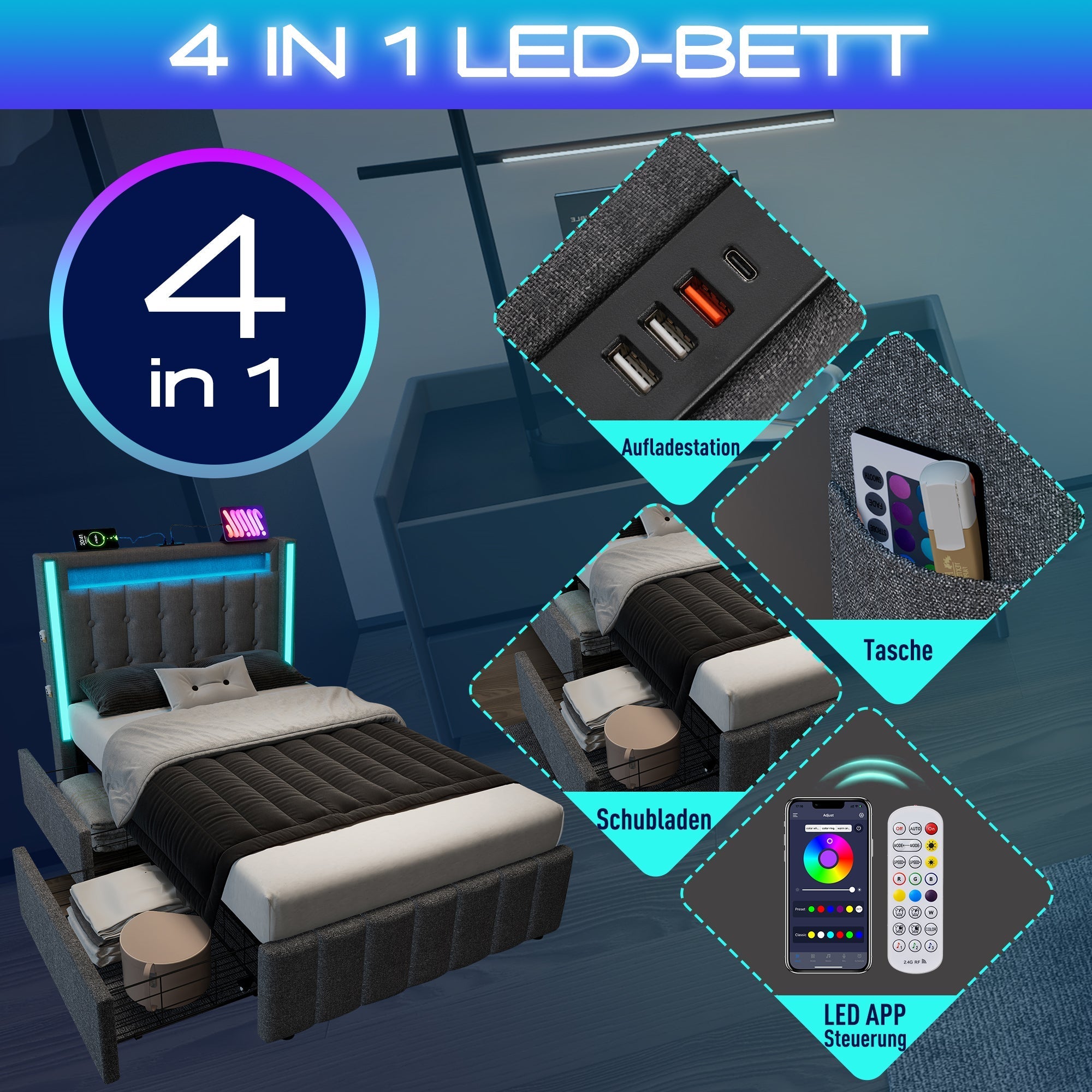 Upholstered Bed, USB-C, LED, 2 Drawers, Grey Fabric