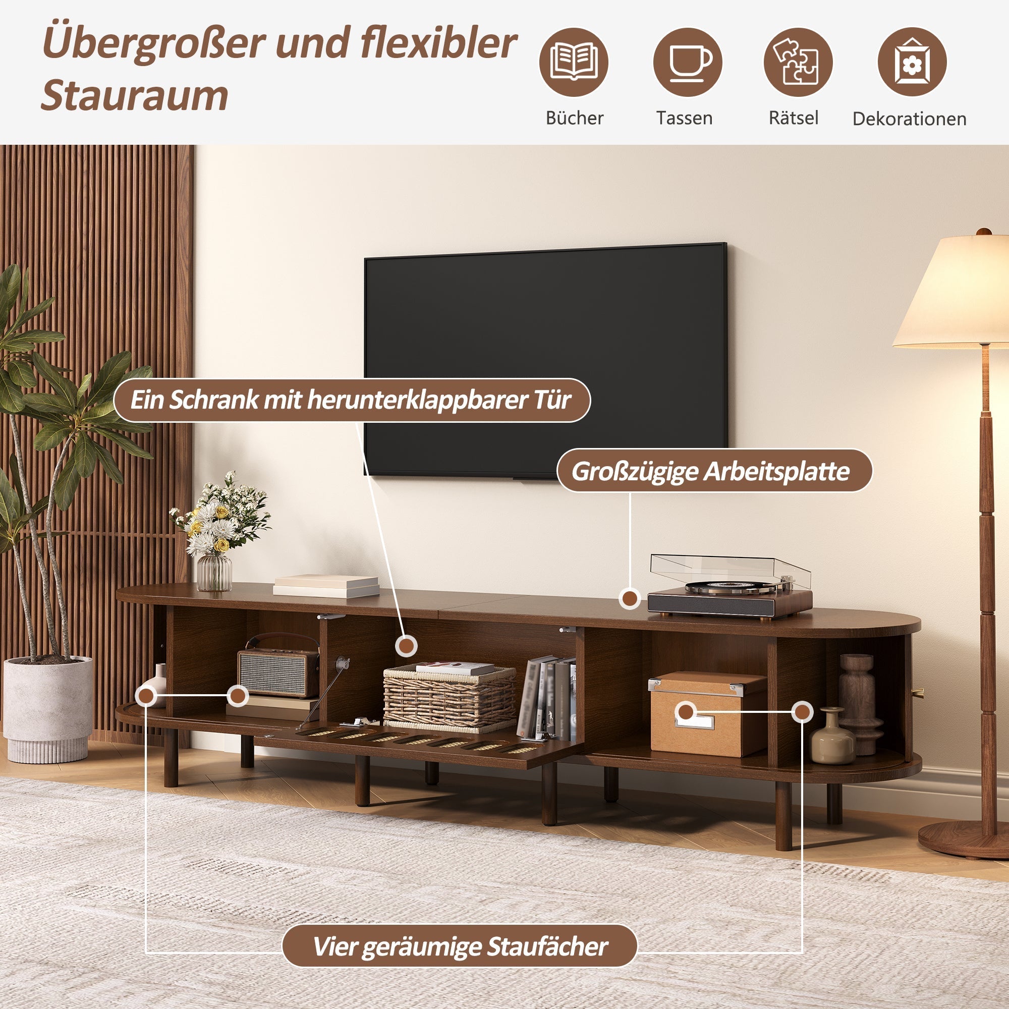 Oval TV Stand with Roll-Up Doors and Rattan Design, Dark Walnut MDF