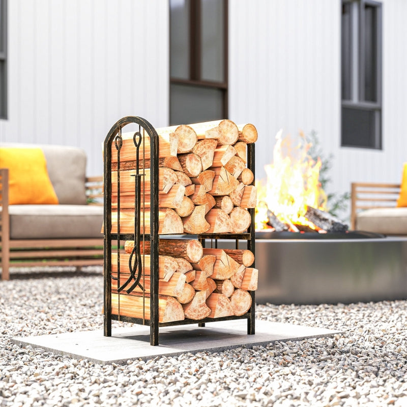 Indoor Firewood Rack, 2-Tier with 4 Fireplace Tools and Hooks, Metal