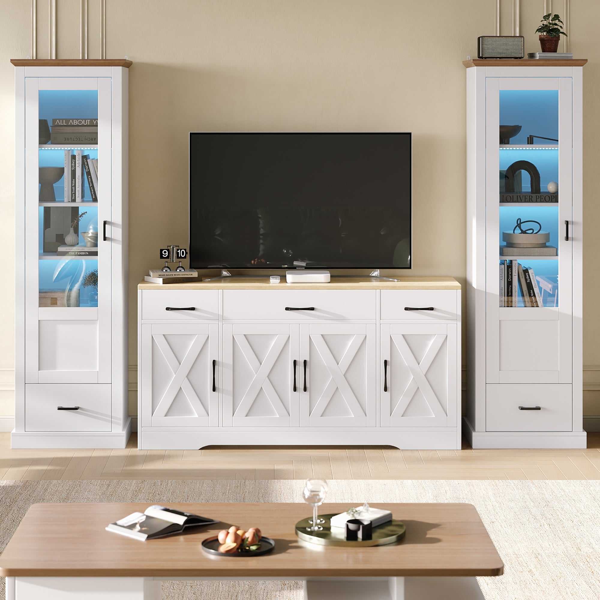 Modern LED Display Cabinet 178cm, USB/Remote, Freestanding, 5 Compartments, Matte White