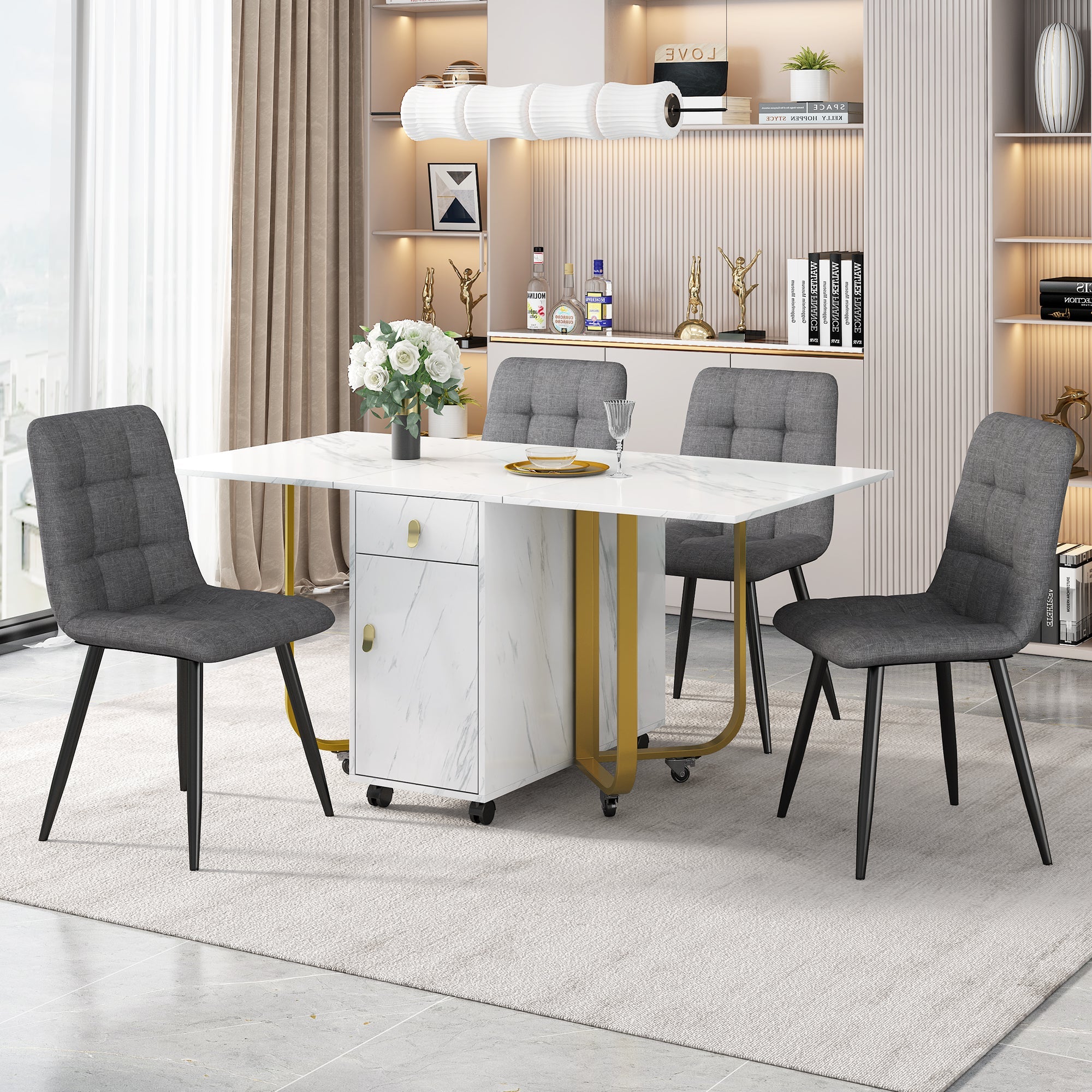 Dining Set, Folding Kitchen Table with 4 Linen Chairs, White MDF & Black Legs