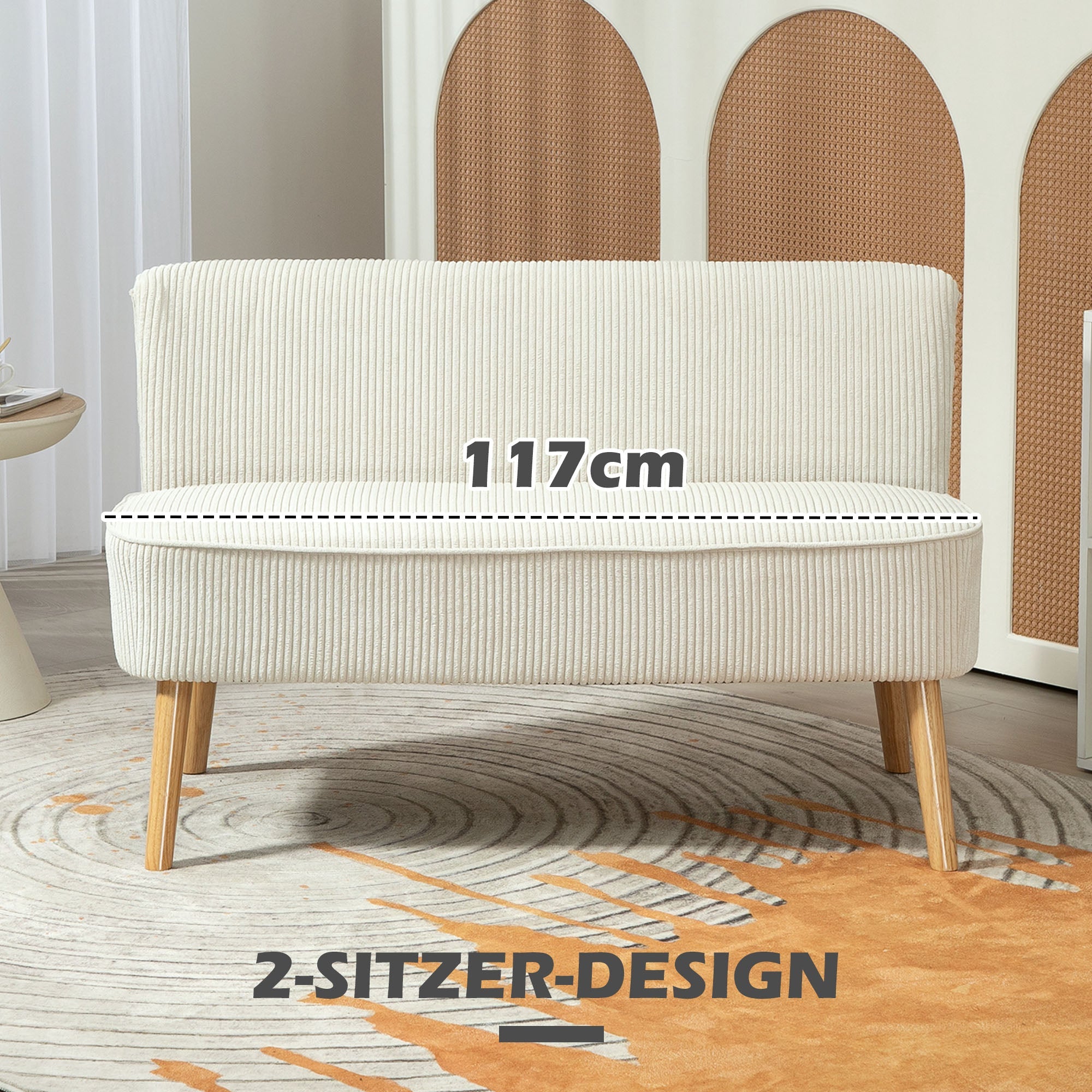 2-Seater Sofa Upholstered Lounge Wooden Legs, Corduroy Cream White