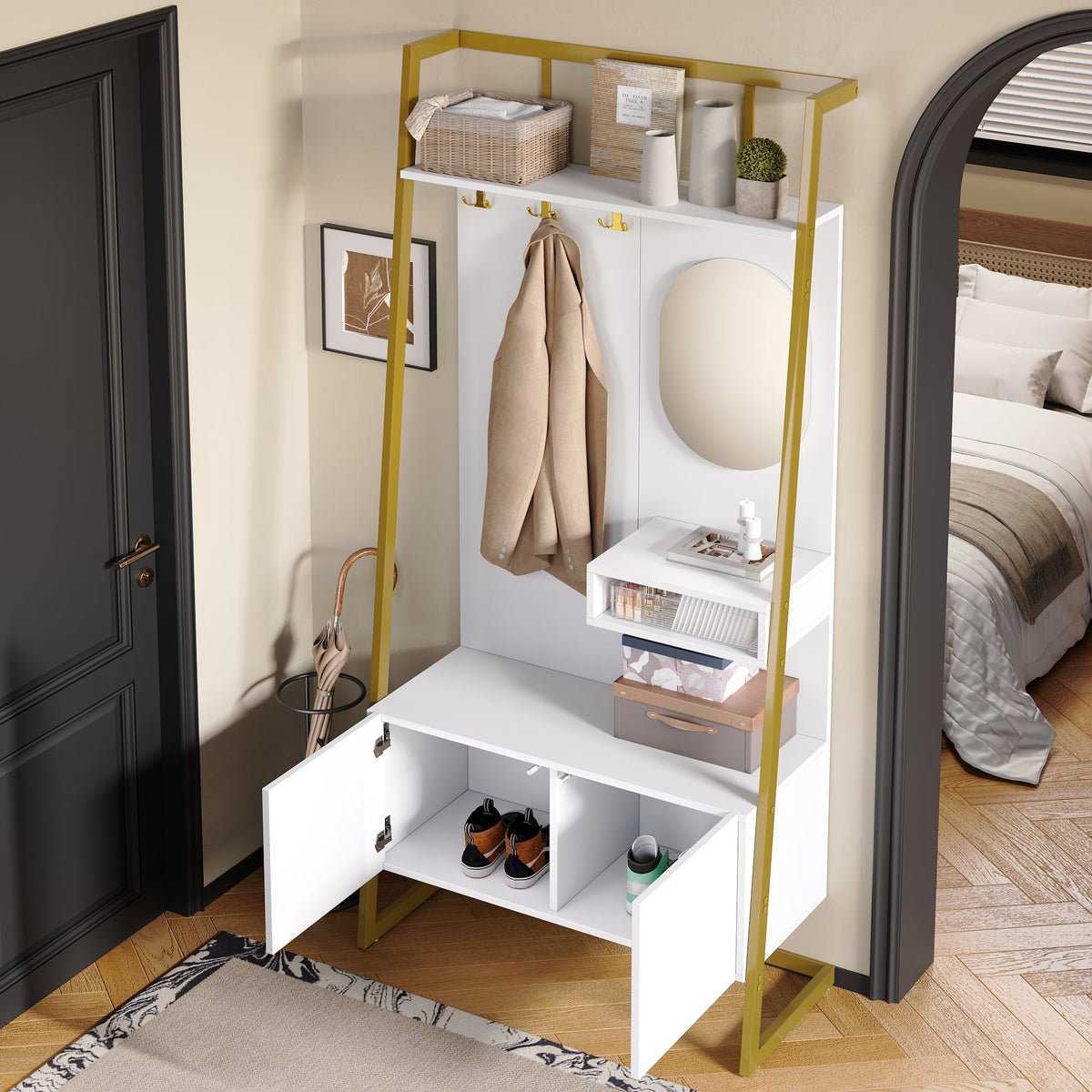 Wardrobe, Compact Multifunctional Storage with Mirror, Hooks & Shoe Bench