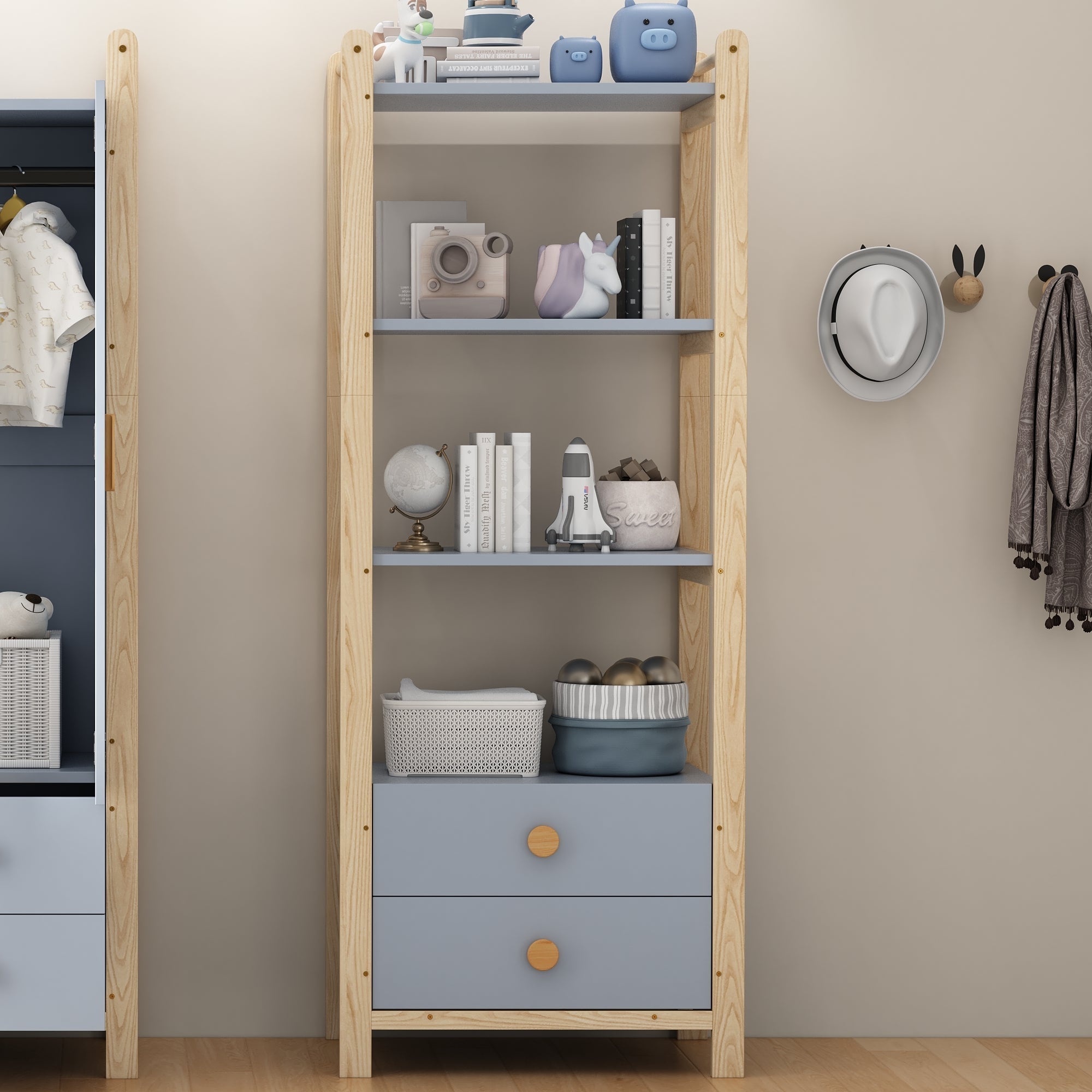 Double-Door Wardrobe Combination Set with Clothes Rail and Drawers, Spruce Wood, Blue/Natural Wood, 180cm
