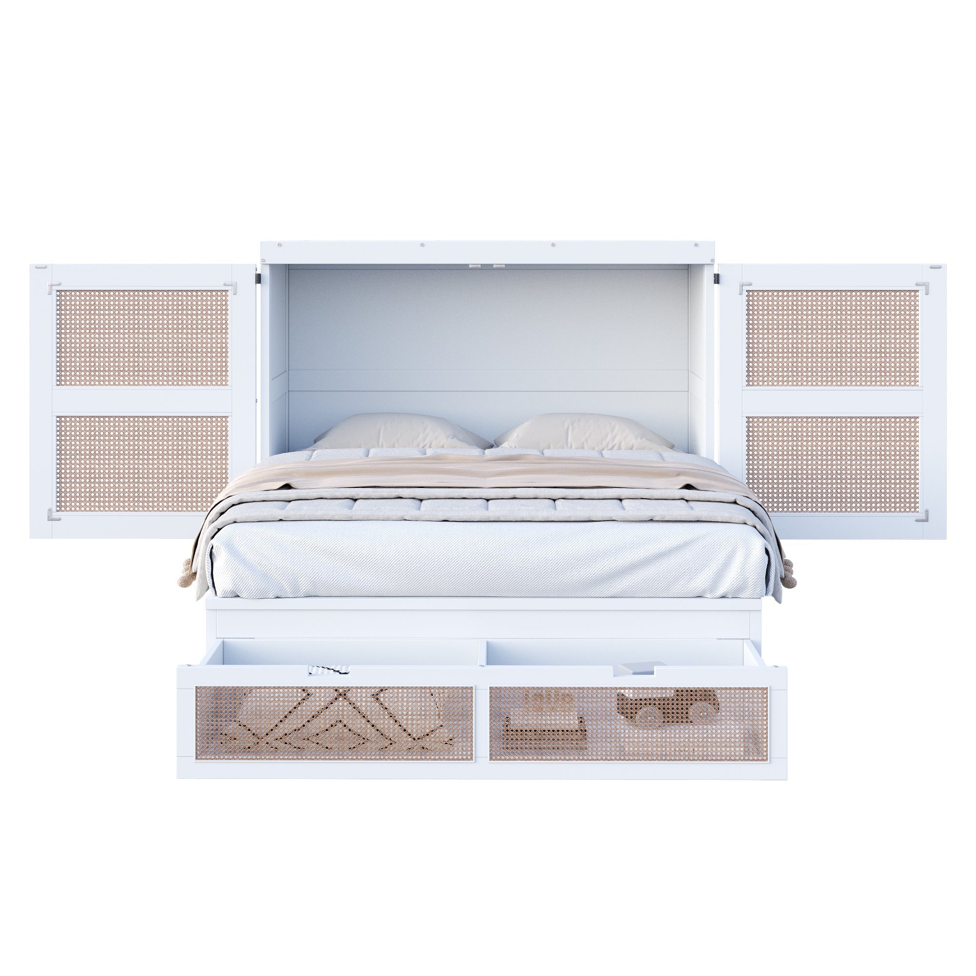 Murphy Bed with Rattan Cabinet Doors and Integrated Storage, White