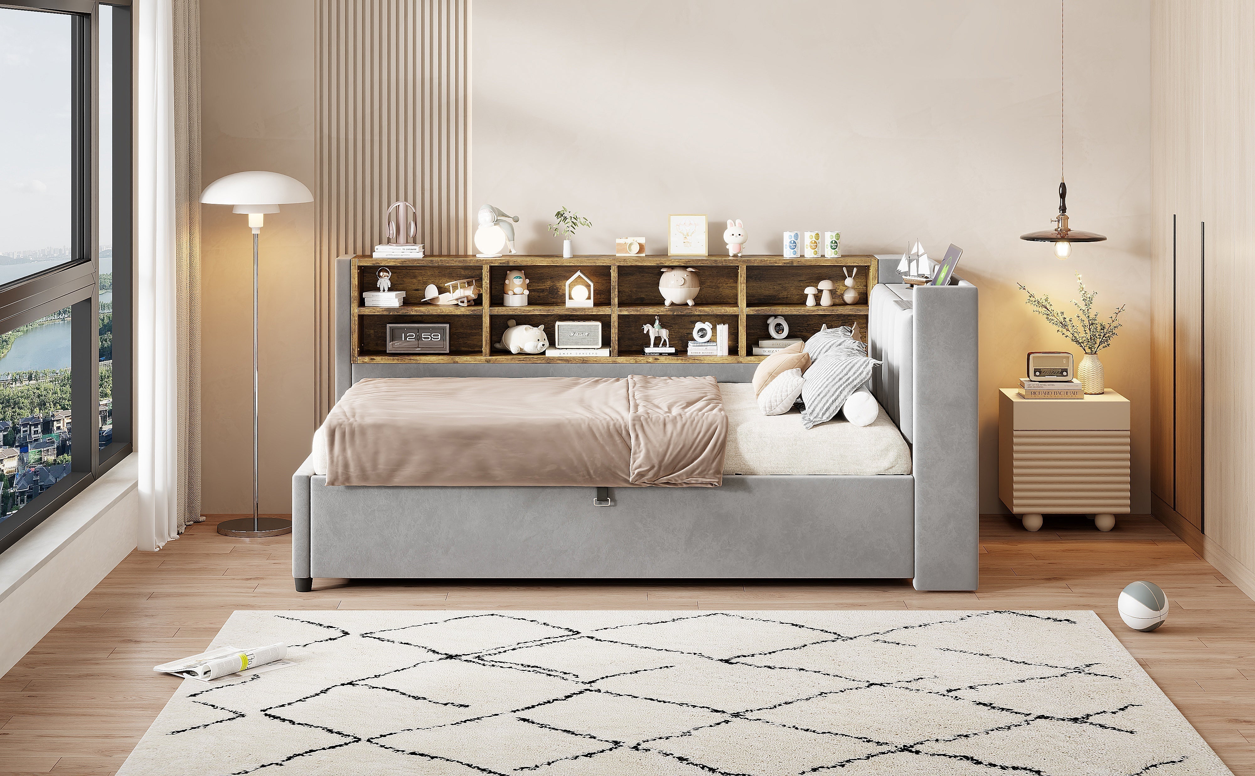 Upholstered Bed/Sofa Bed 90x200cm Hydraulic Storage USB/Type-C Charging Velvet Light Grey