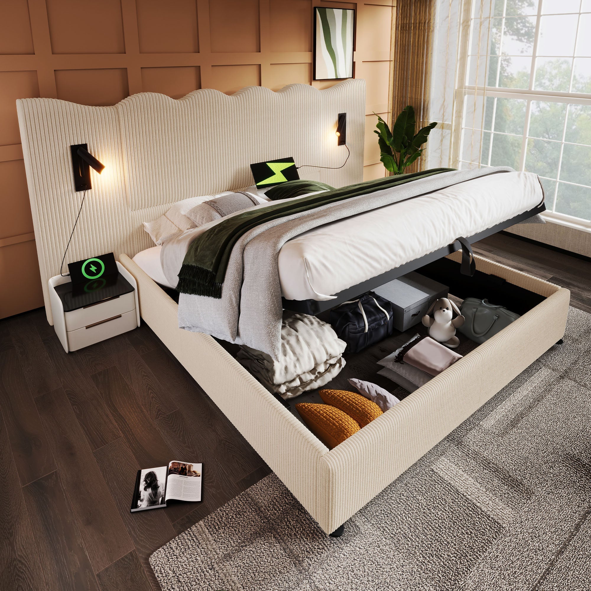 Upholstered Double Bed 180x200 with Reading Lamp and USB-C, Storage Bed Frame, Beige-White Corduroy