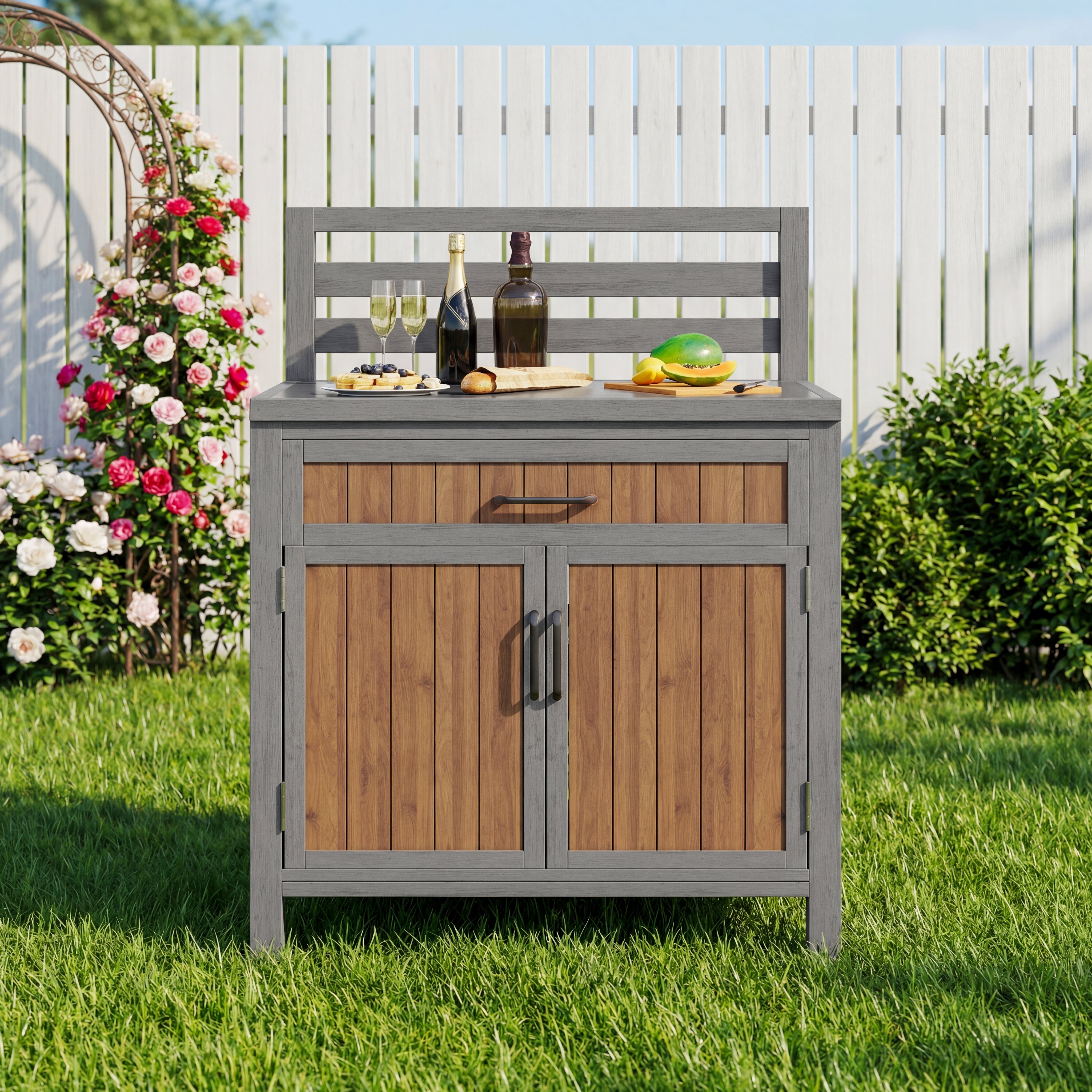 Wooden Garden Cabinet with Work Surface and Adjustable Shelves, Weatherproof Wood