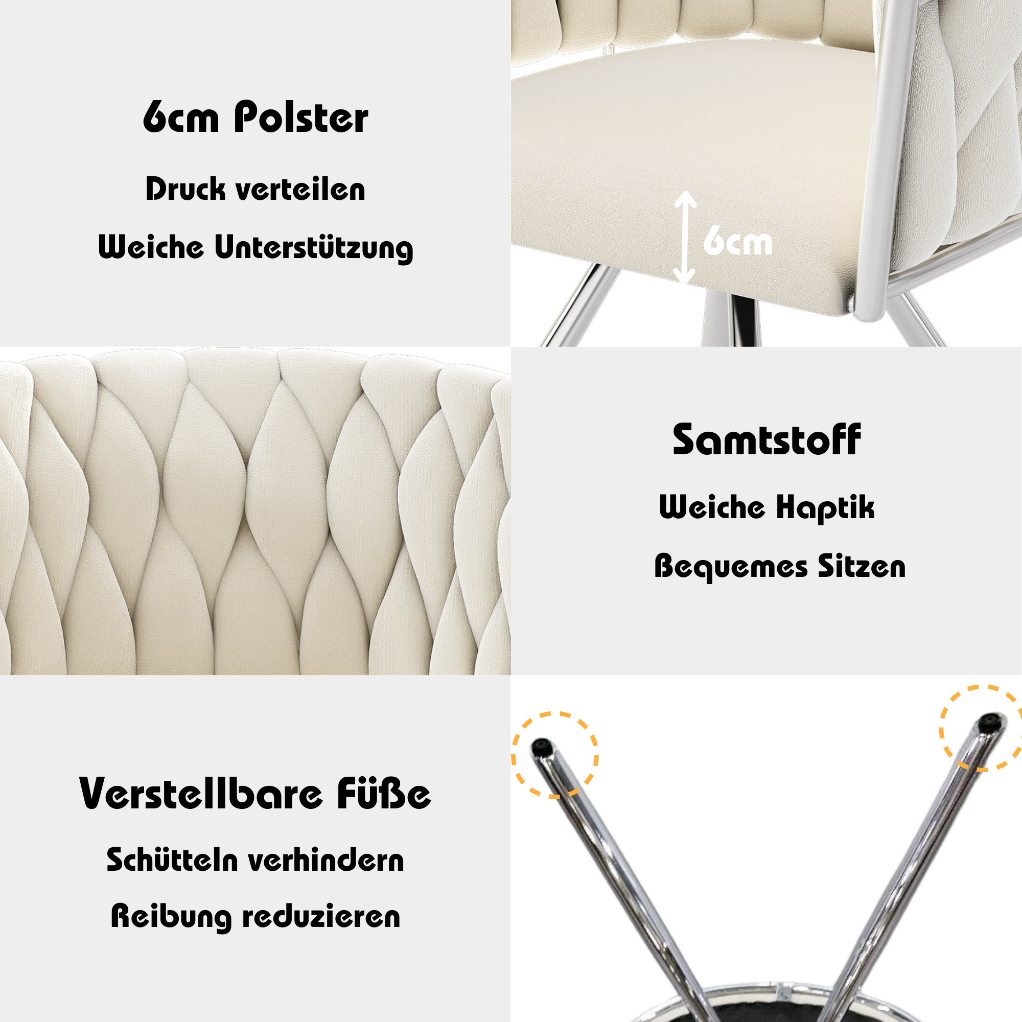 Velvet Dining Chair, Set of 4 Luxury Swivel Leisure Chairs with Metal Legs, Beige and Silver