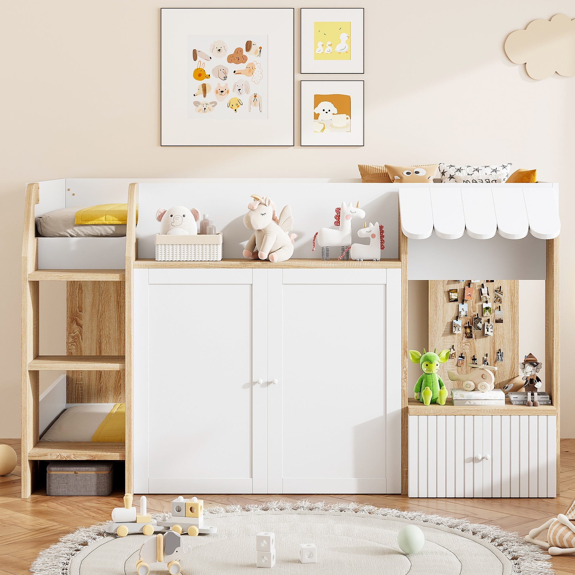 Children's House Bed 90x200 Mid-Height Storage Climbing Ladder - Solid Wood White/Natural
