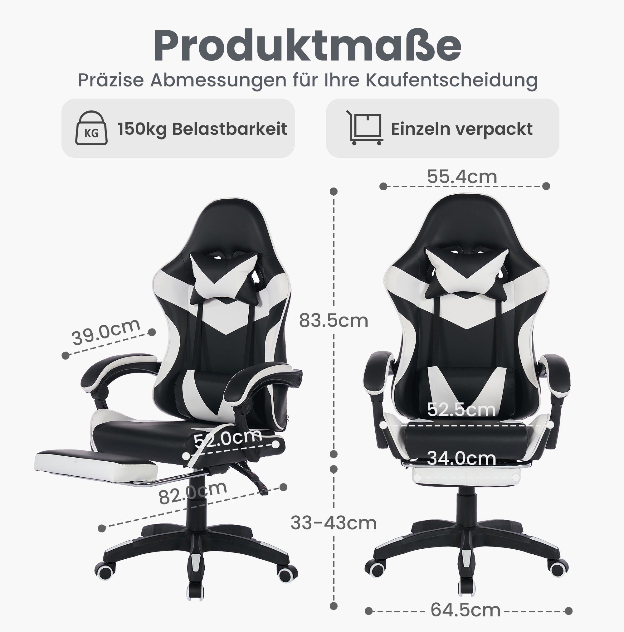 Gaming Chair 360° Swivel Ergonomic Racing High-Back Adjustable Footrest Headrest Lumbar Support - Black & White Leather