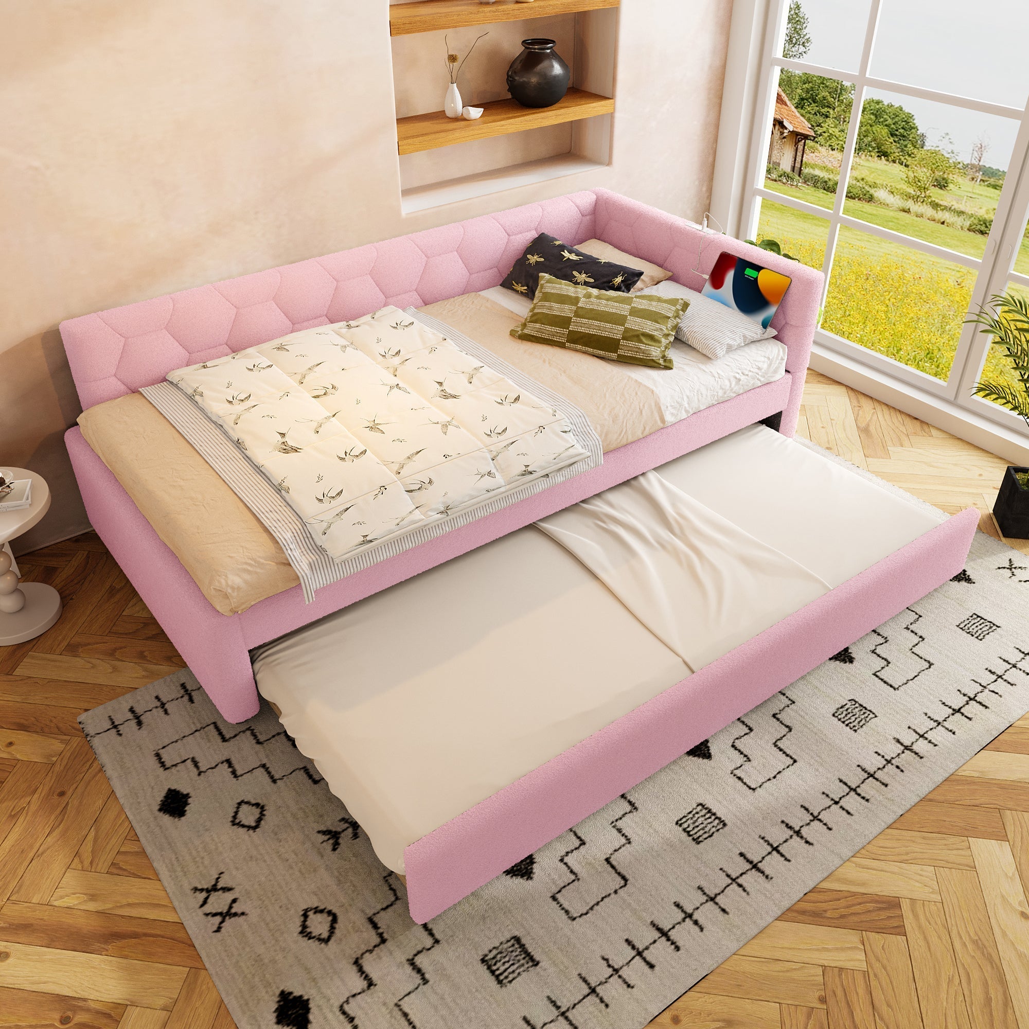 Daybed Sofa Bed 90x200cm Pull-Out Bed Bedside Lamp USB/Type-C Pink Fleece Imitation
