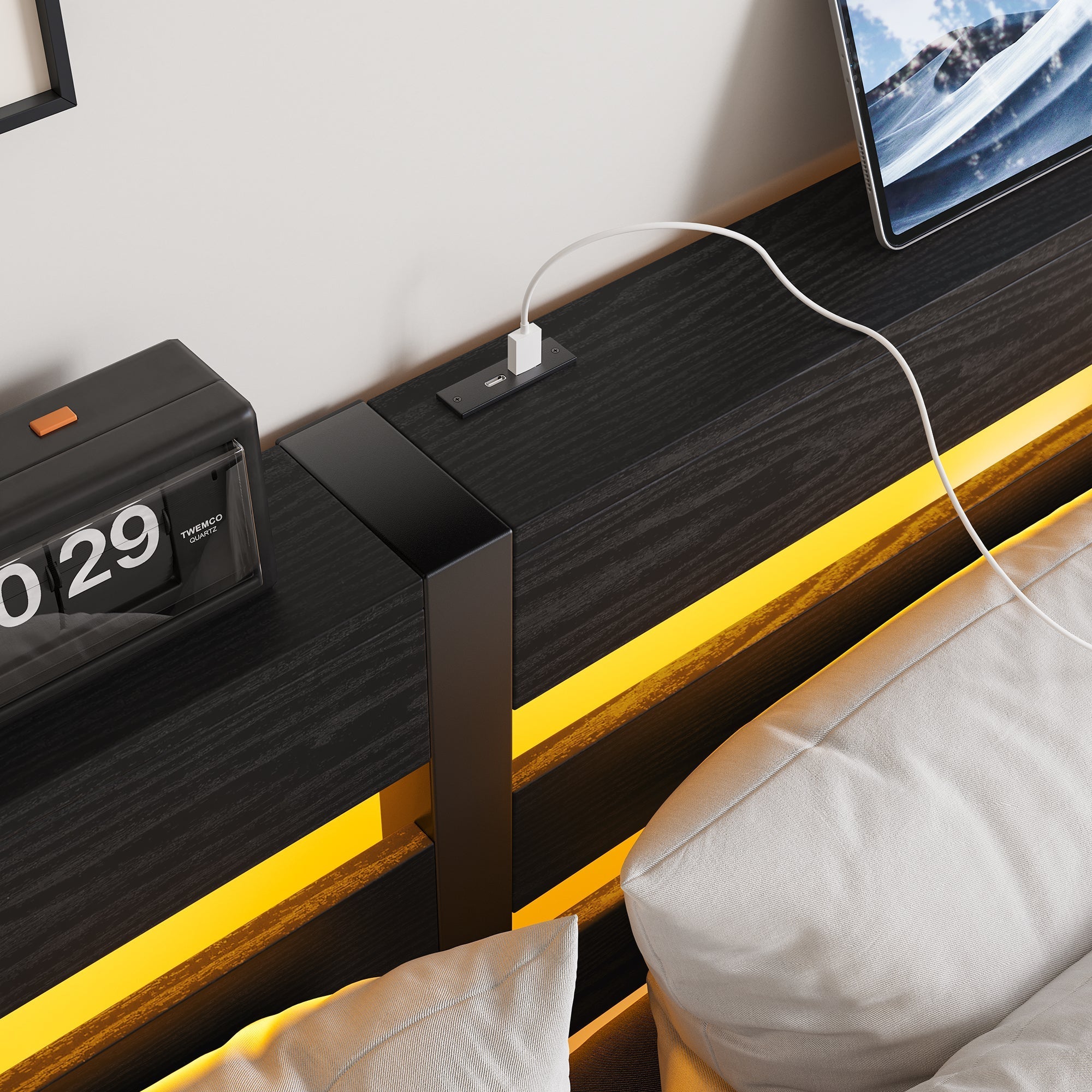 Metal Bed Frame 140x190cm LED USB Charging Storage - Metal