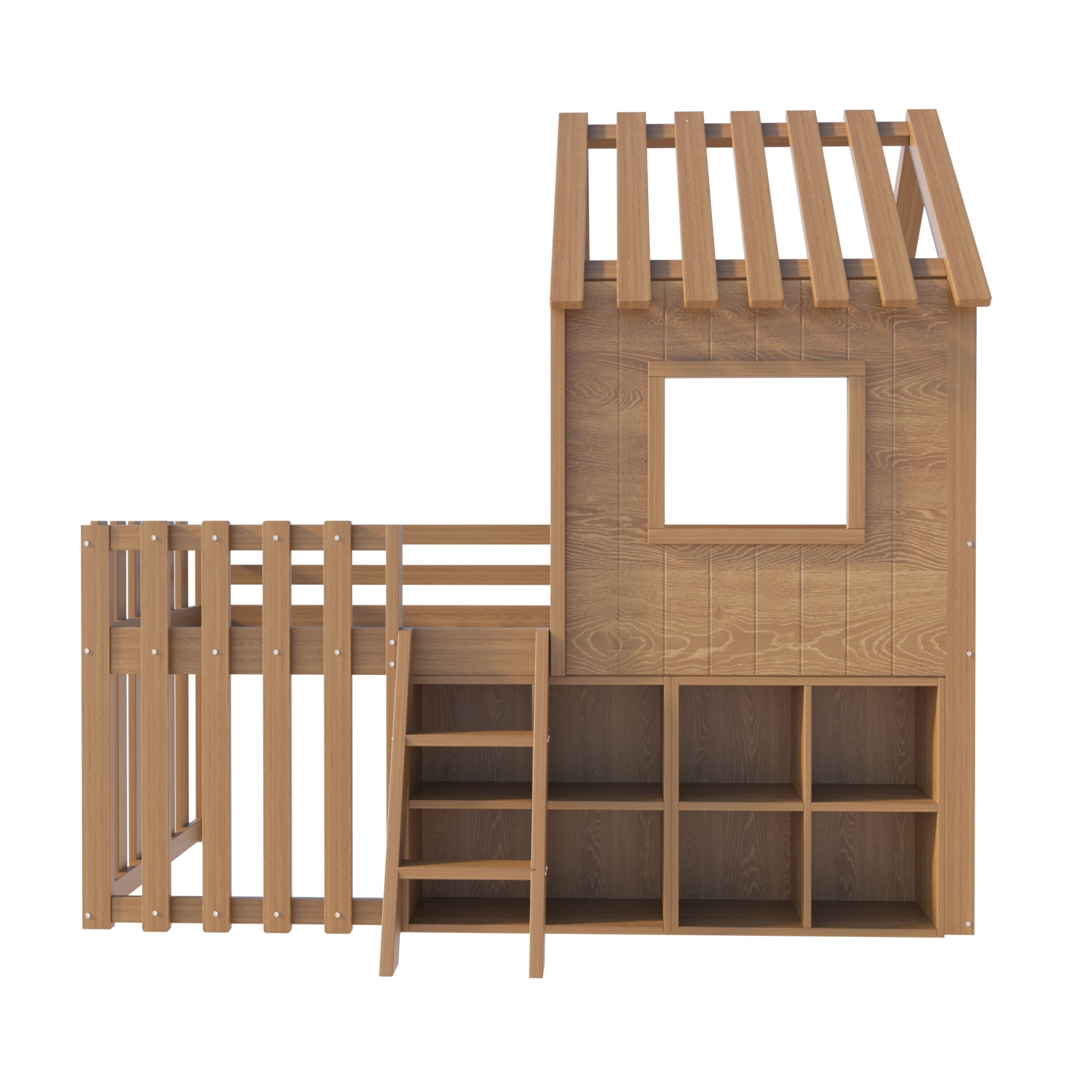 Children's House Bed 90x200 with Roof, Window, Storage & Ladder, Solid Wood