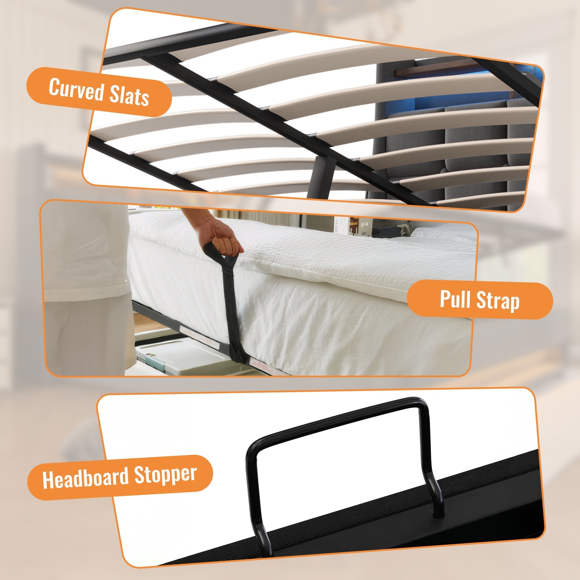 Upholstered Double Bed 135 x 190 cm with LED Lighting, USB-C Charging, Storage Headboard, Metal Slatted Frame, Grey Linen