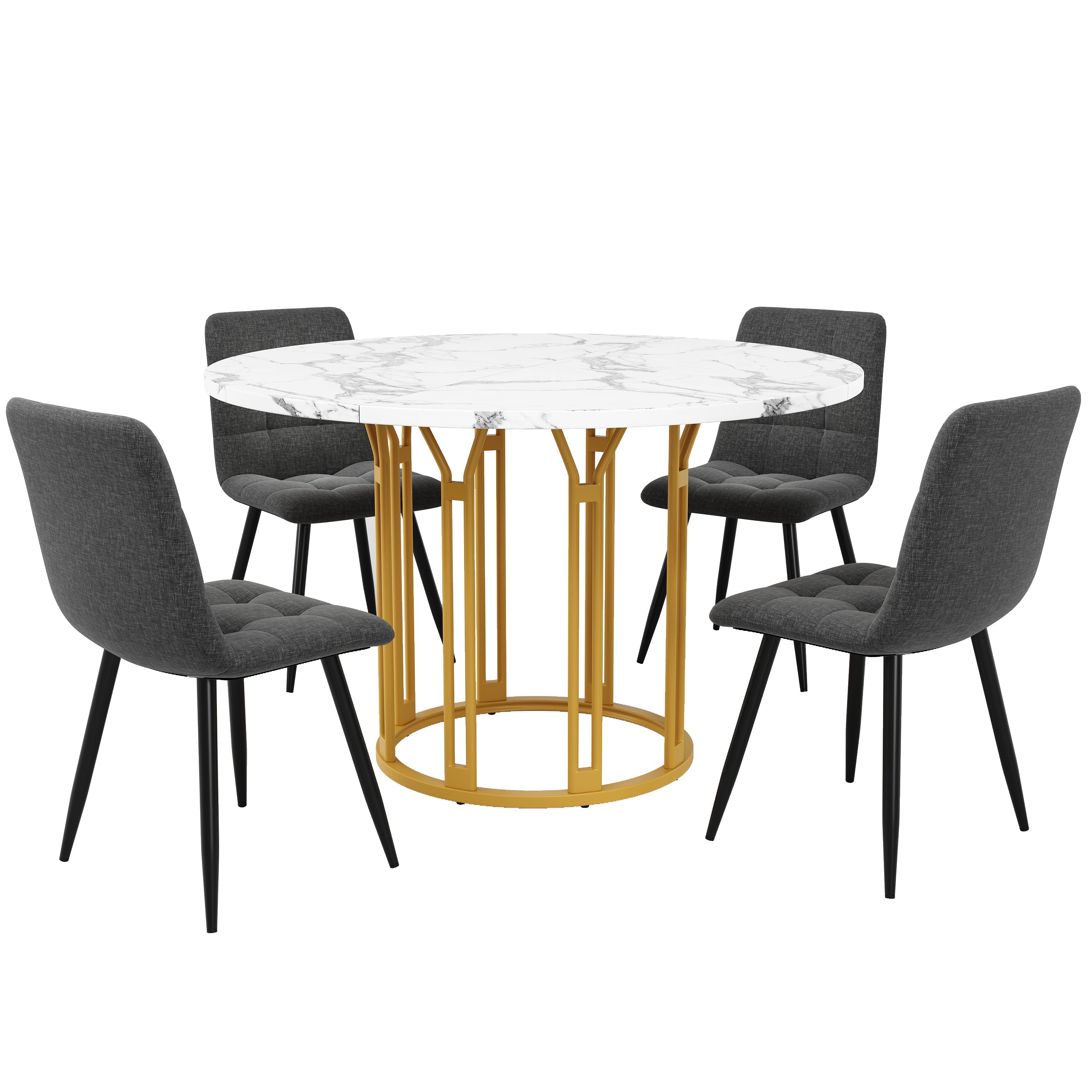 Dining Table Set 5-Piece Round Marble Top 4 Chairs Linen Bench - Grey