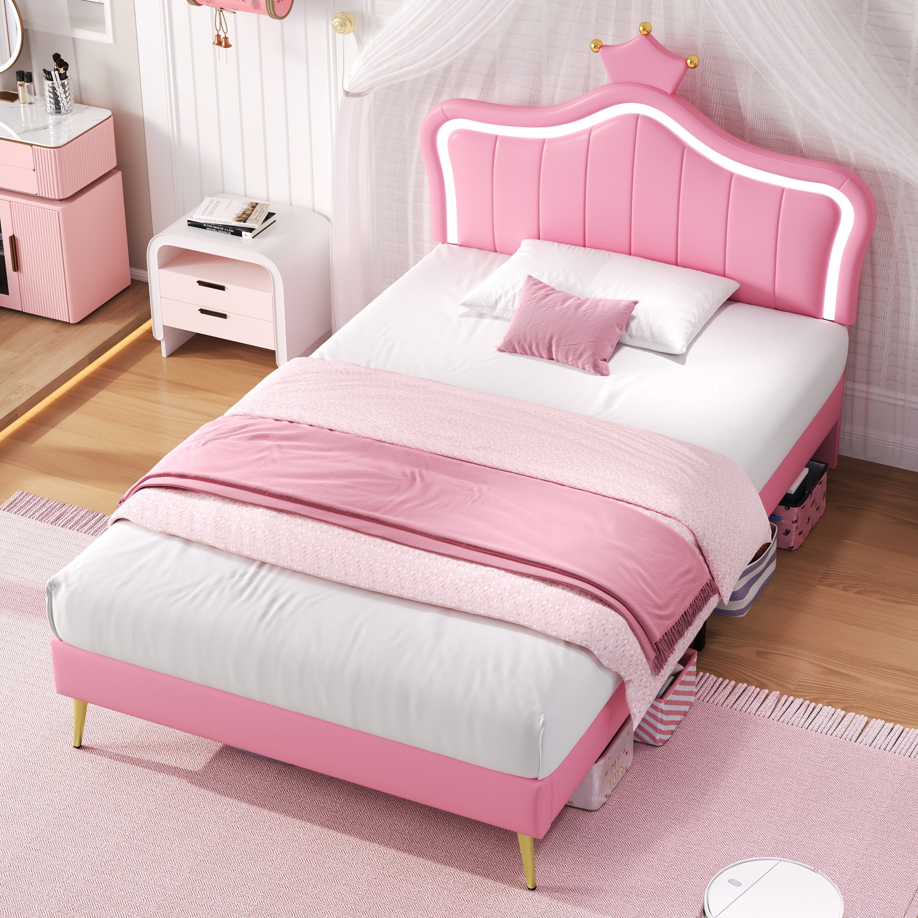 3ft Single Upholstered Bed with LED Adjustable Crown Headboard, PU Leather, Pink