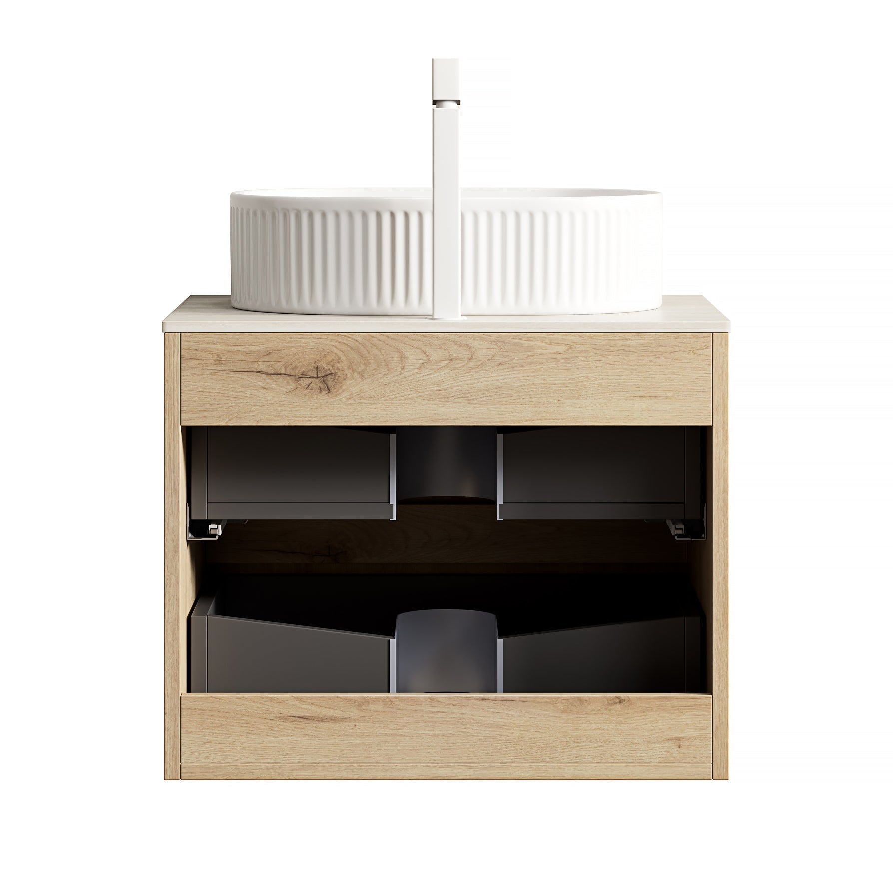 60cm Floating Vanity Oval Sink Sintered Stone Top 2 Drawers - White Oak
