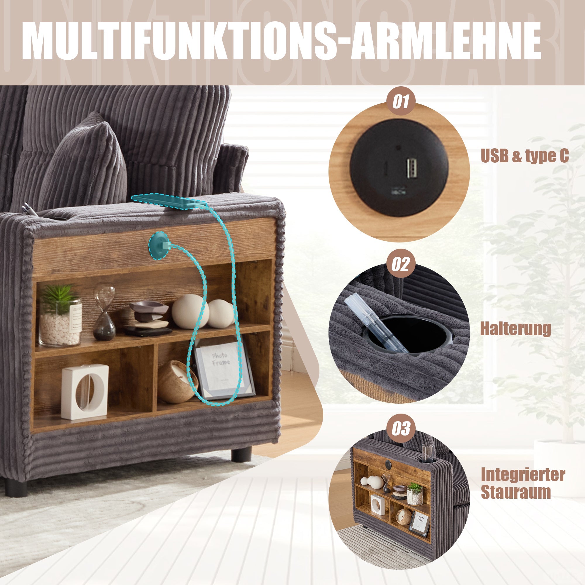 Multifunctional Sofa with Storage & Pull-Out Bed, USB-C, Ambient Light, Corduroy