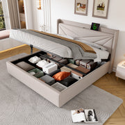 Upholstered Bed, Double, Storage, USB-C Headboard, 140x200, Linen