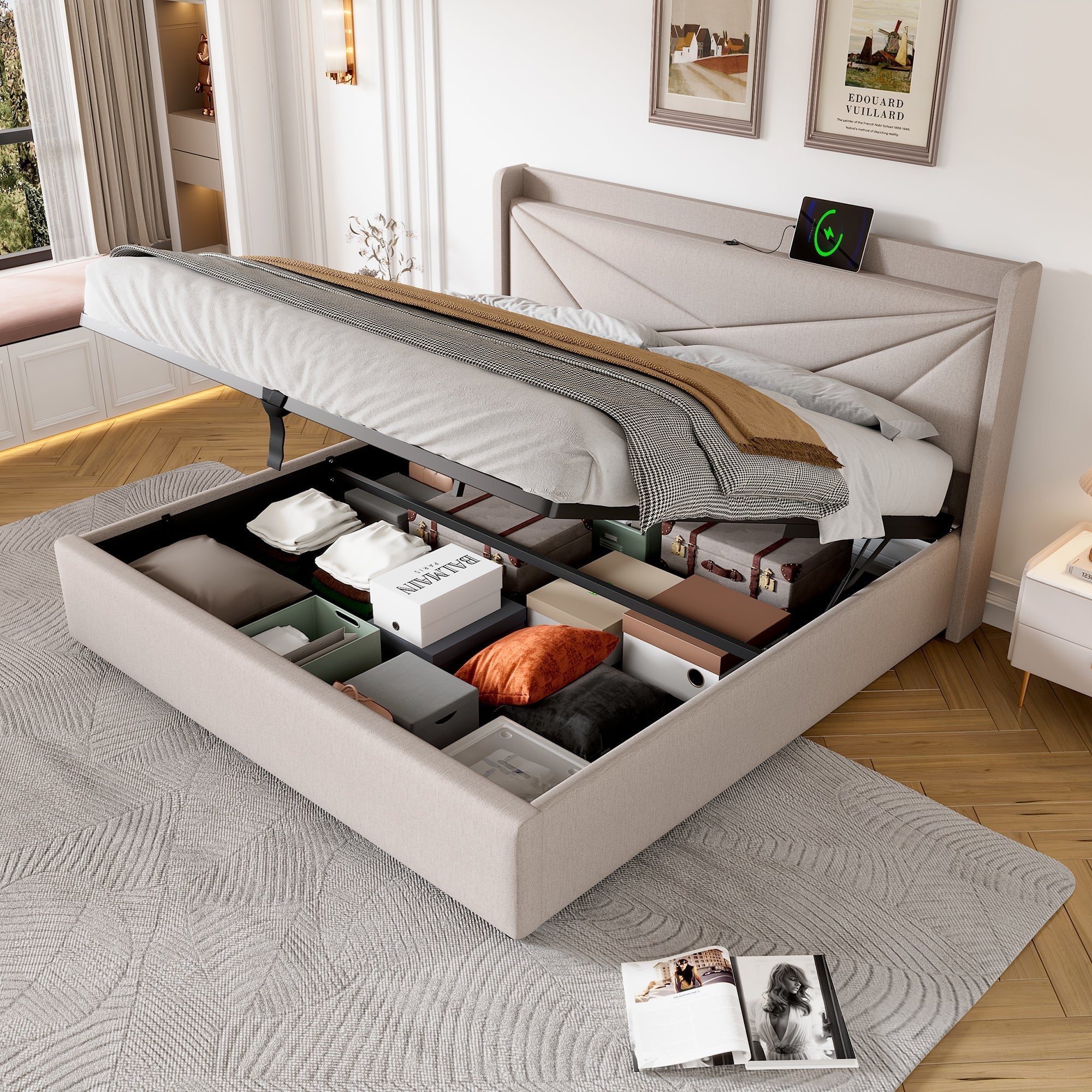Upholstered Bed, Double, Storage, USB-C Headboard, 140x200, Linen