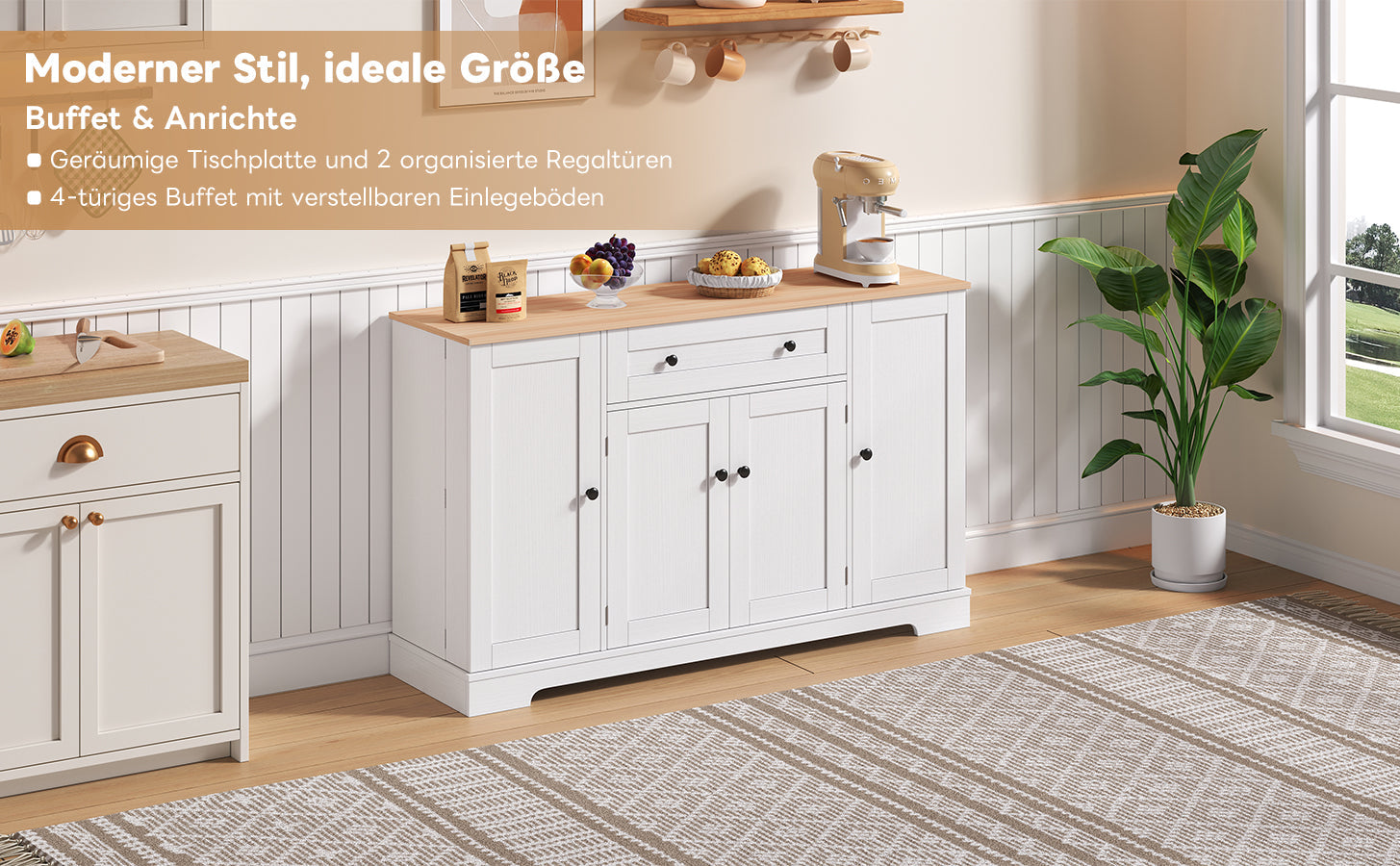 Multifunctional Kitchen Buffet 138cm Drawer Adjustable Shelves