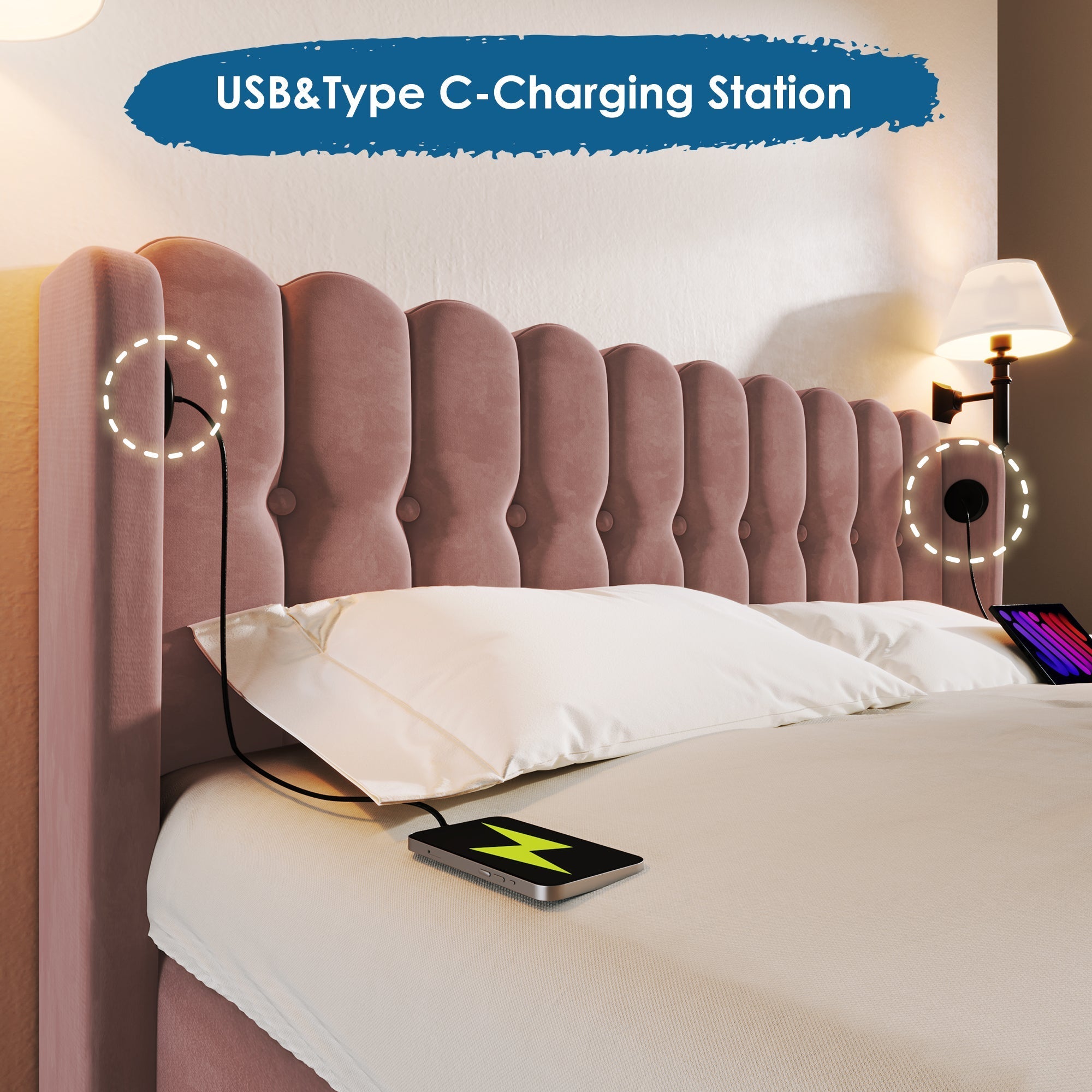 Upholstered Double Bed with USB and Type-C Charging, Pink, Velvet Material