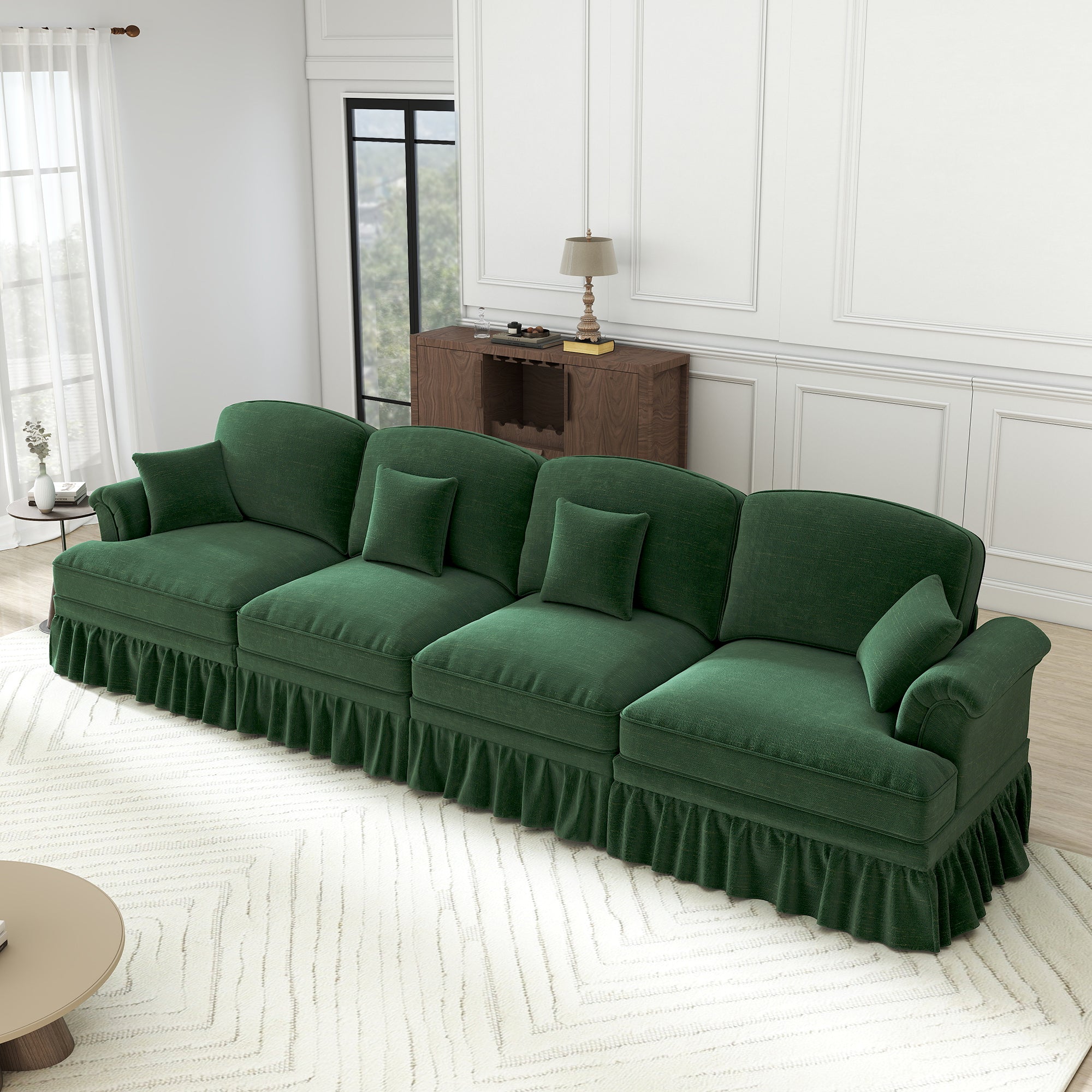 Sofa 4-Seater Mid-Century Chenille Ruffled Apron Spindle Legs - Green