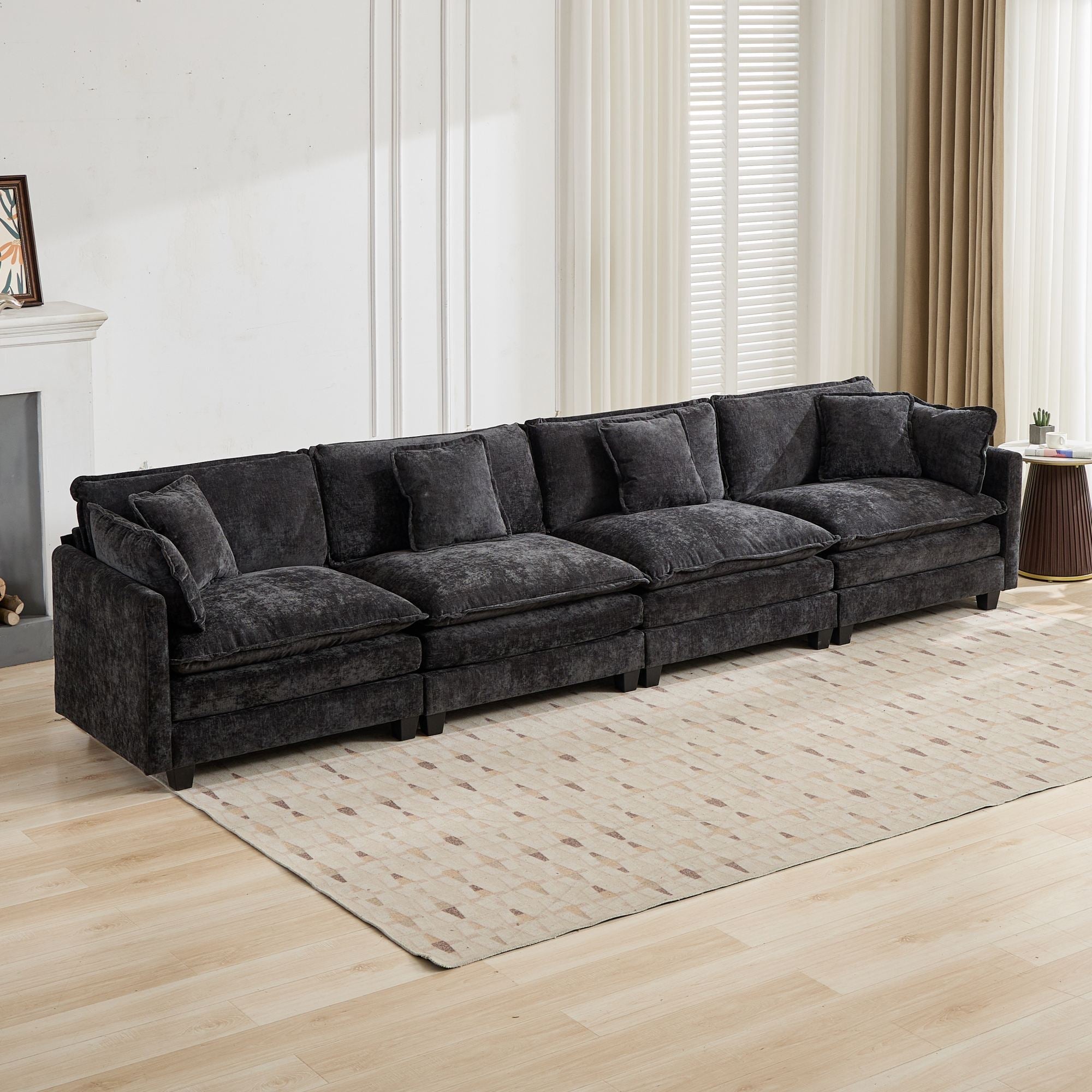 Cloud Sofa 4 Seats, Modern Sectional Couch with Double Layer Cushions, Black Chenille Fabric