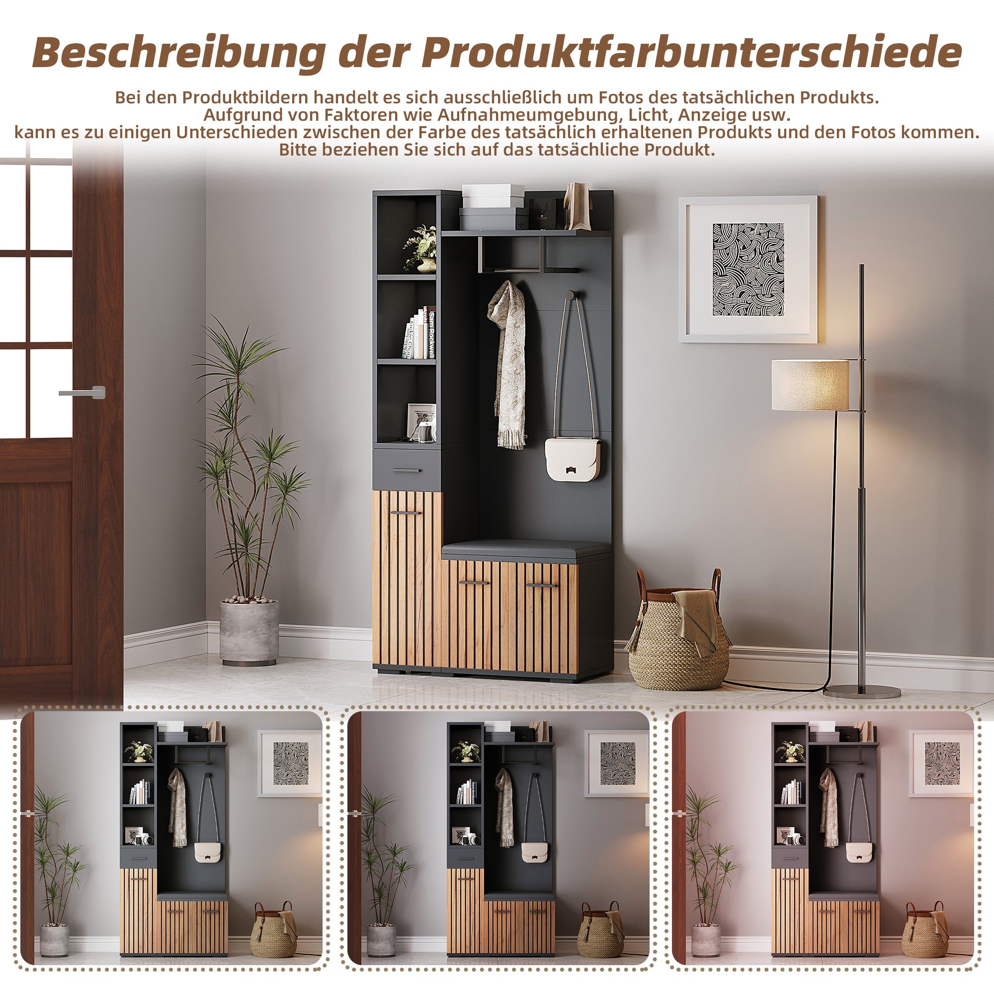 Compact Wardrobe 80*35*175cm 2 Cabinets Coat Rack Shoe Bench Upholstered, Black + Wood Color