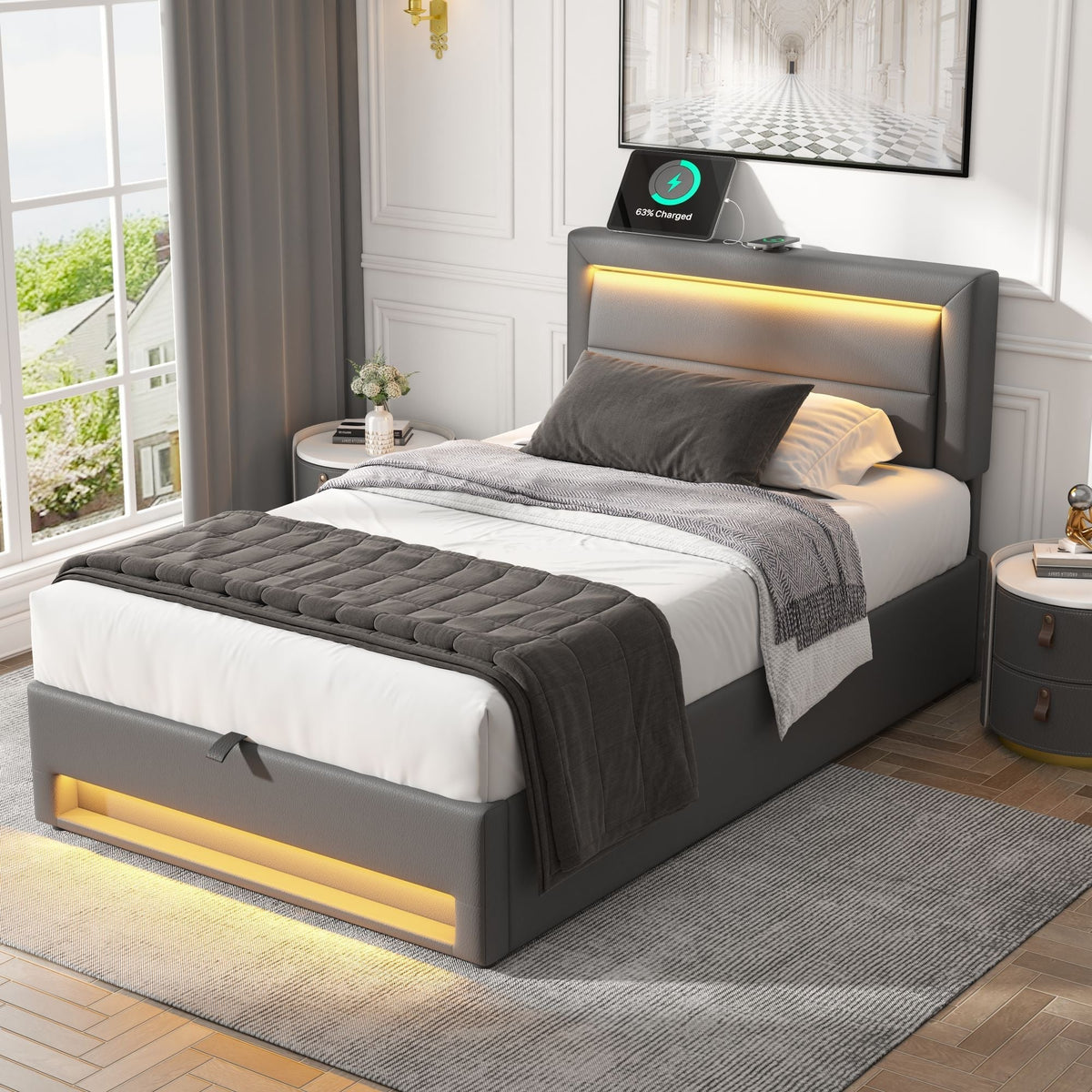 Upholstered Bed 90x190cm USB Charging LED Lighting Storage PU Lychee Grey