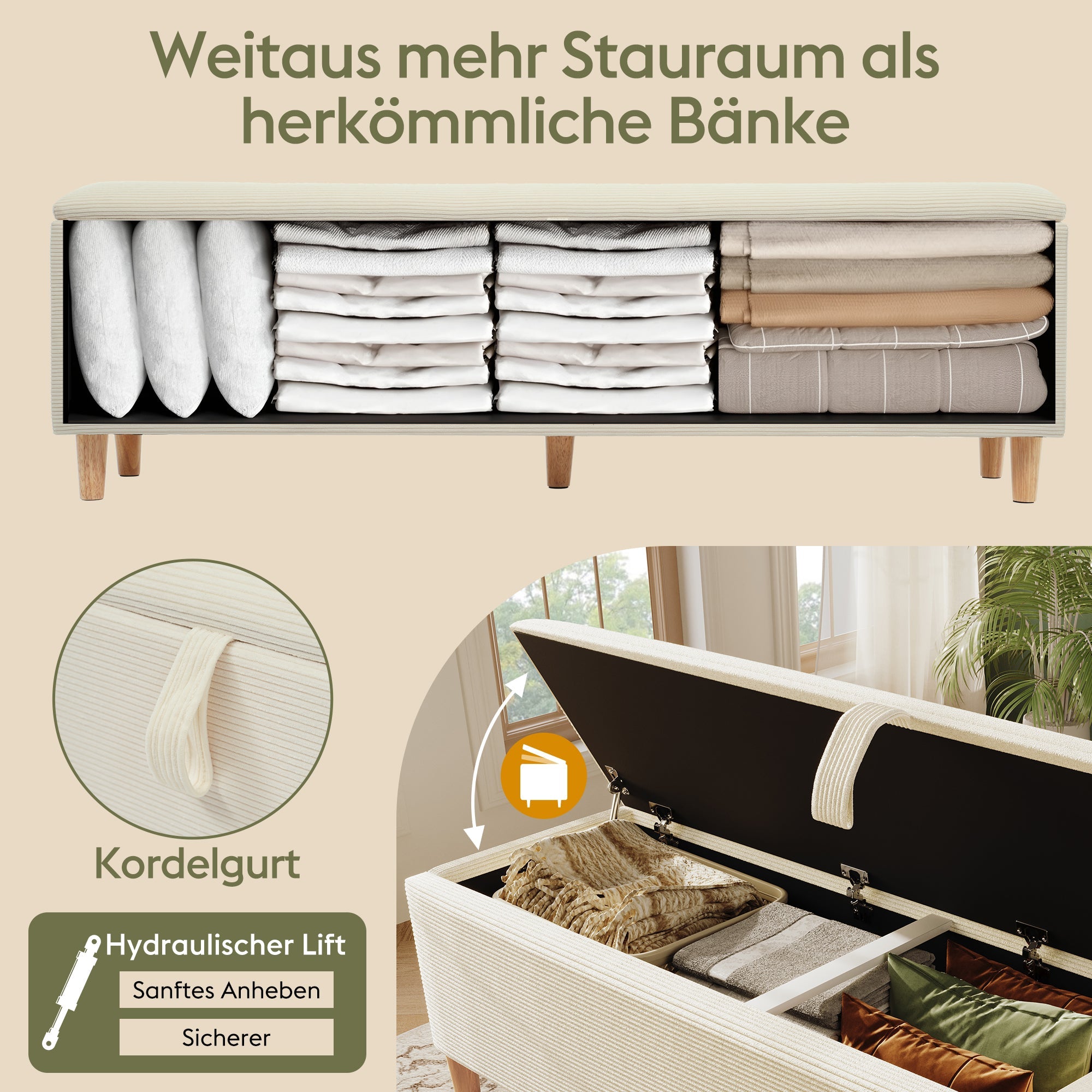 bed bench with storage space, 145 x 38 cm upholstered, beige corduroy