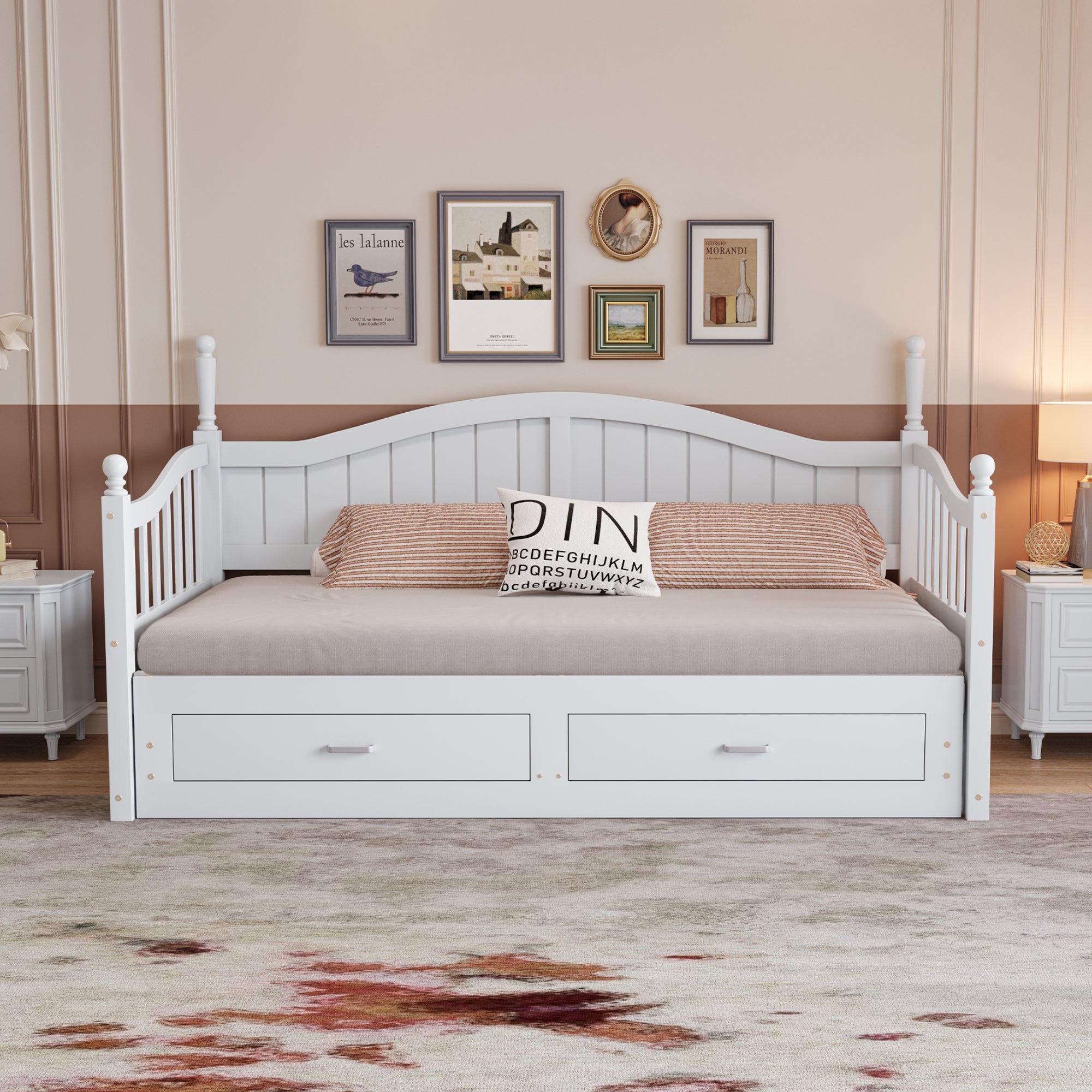 Sofa Bed, Pull-Out Multifunctional with Drawers & Slatted Frame, Pinewood White