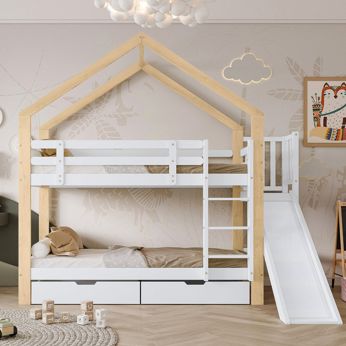 Bunk Bed House with Slide, Ladder, Safety Rail, 2 Drawers, 90x200cm, Solid Wood White/Natural