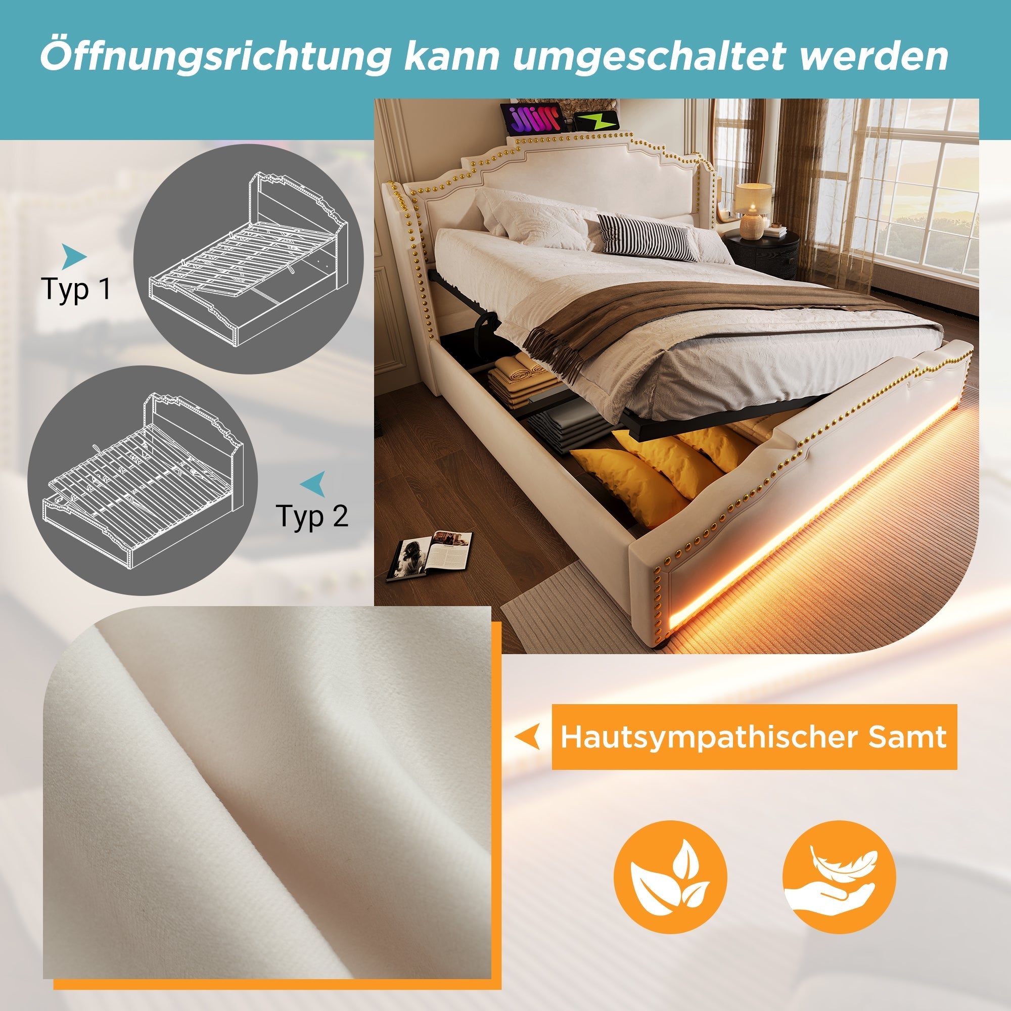 Upholstered Bed 160x200, Hydraulic Storage, LED, USB-C, Velvet Beige
