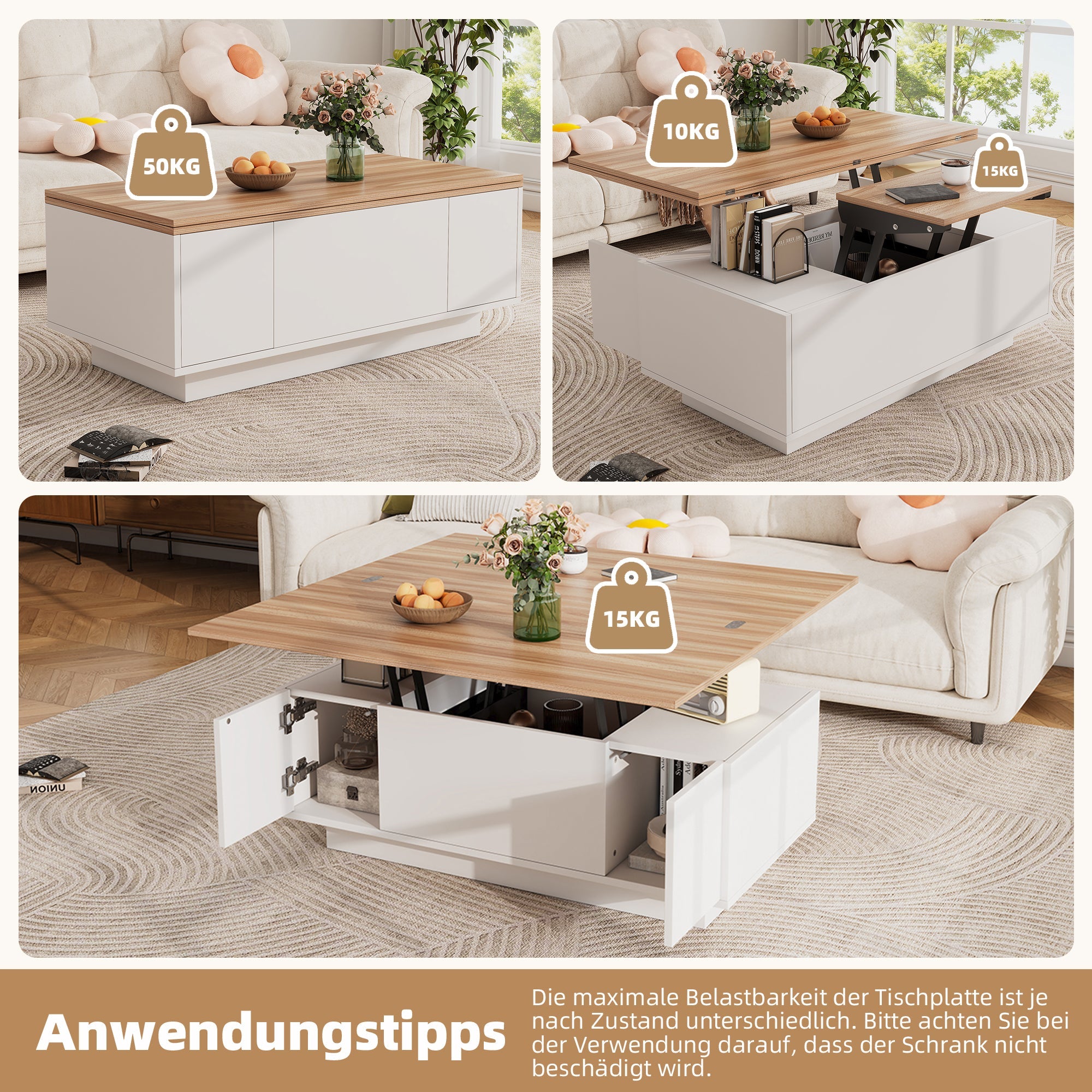 Coffee Table, Modern Double Lift Mechanism with Hidden Storage, 50kg Capacity