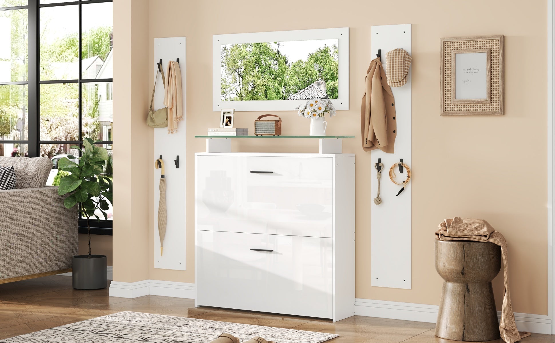 Wardrobe Set 4-Piece with Mirror Shoe Cabinet 8 Hooks, High-Gloss White