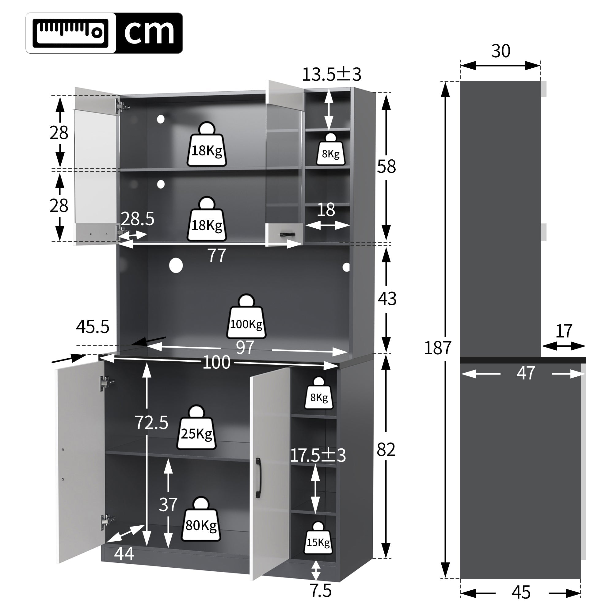 Kitchen Highboard Buffet 100x47x187cm LED Lighting Microwave Adjustable Shelves - Wooden