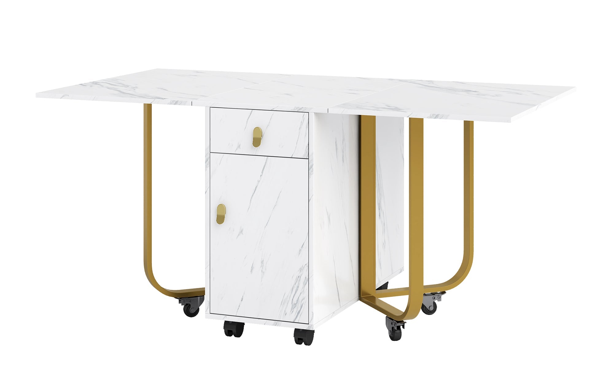Folding Dining Table, Cabinet & 2 Drawers, Space-Saving, White/Gold