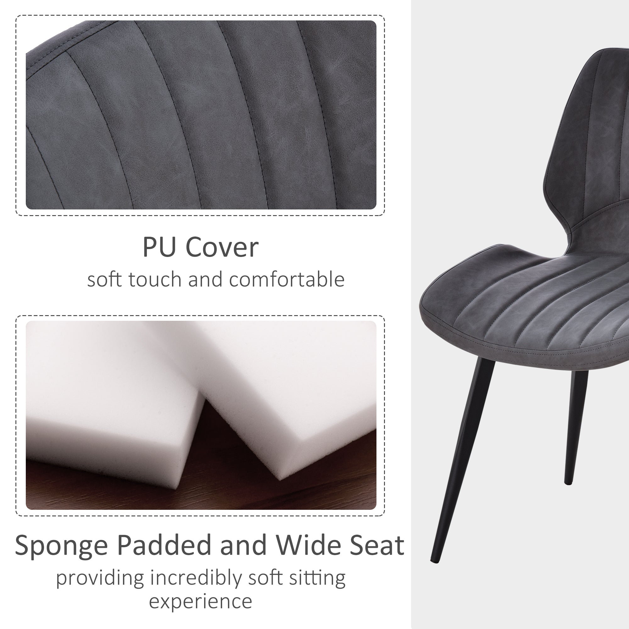 Dining Chairs Set of 2, Upholstered with Backs, Padded Seats and Steel Frame, PU Leather Grey